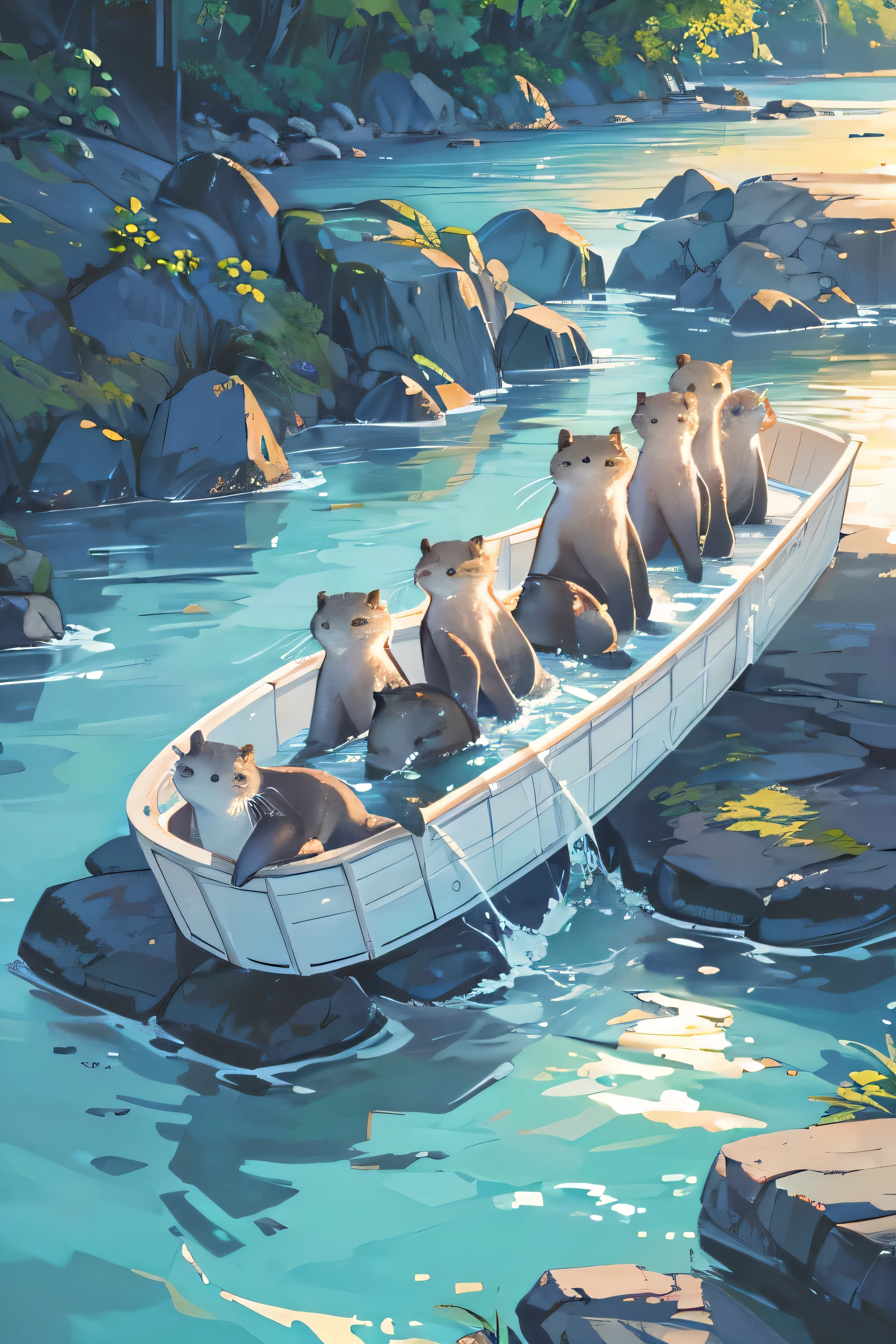 A detailed illustration of a family of otters playfully swimming in a crystal-clear river at dusk.