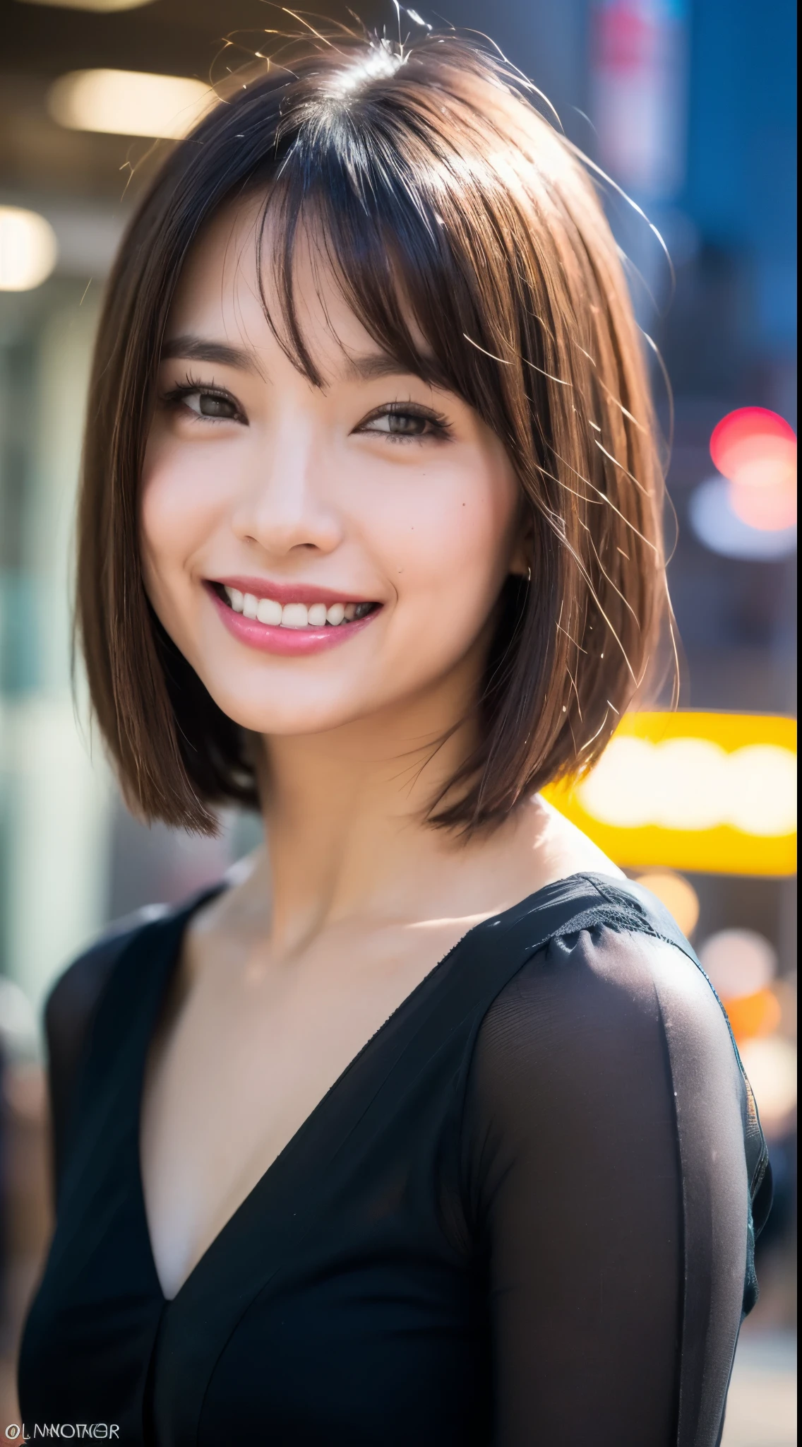 (8k, RAW Photos, Best Quality, High Resolution: 1.1), (Ultra Realistic: 1.4), (Realistic, Photorealistic: 1.3), Soft Light, Big Girl, Realistic Face, Realistic Body, Realistic Skin, Absurdity, Masterpiece, (Cute: 1.8), Cuties, Solo, (Large: 1.2), Detailed Black Eyes, Innocent Eyes, Cheeks, (Blouse: 1.2), Cinema Light, Film Grain, (((Short Bob Hair: 1.1)), Cherry Colored Lips, Close-up, Look Viewer, Upper Body, Open Lips, Top Teeth, (Smiling Eyes: 0.6), (((grinning: 1.2)), Depth of Field, Blurred Background, Eye Focus, Bokeh, Young, Midnight, Shinjuku, Neon Sign, 85mm Lens, f/1.4, Professional Lighting, Young, Portrait, Photon Mapping, Radiosity, physically based rendering