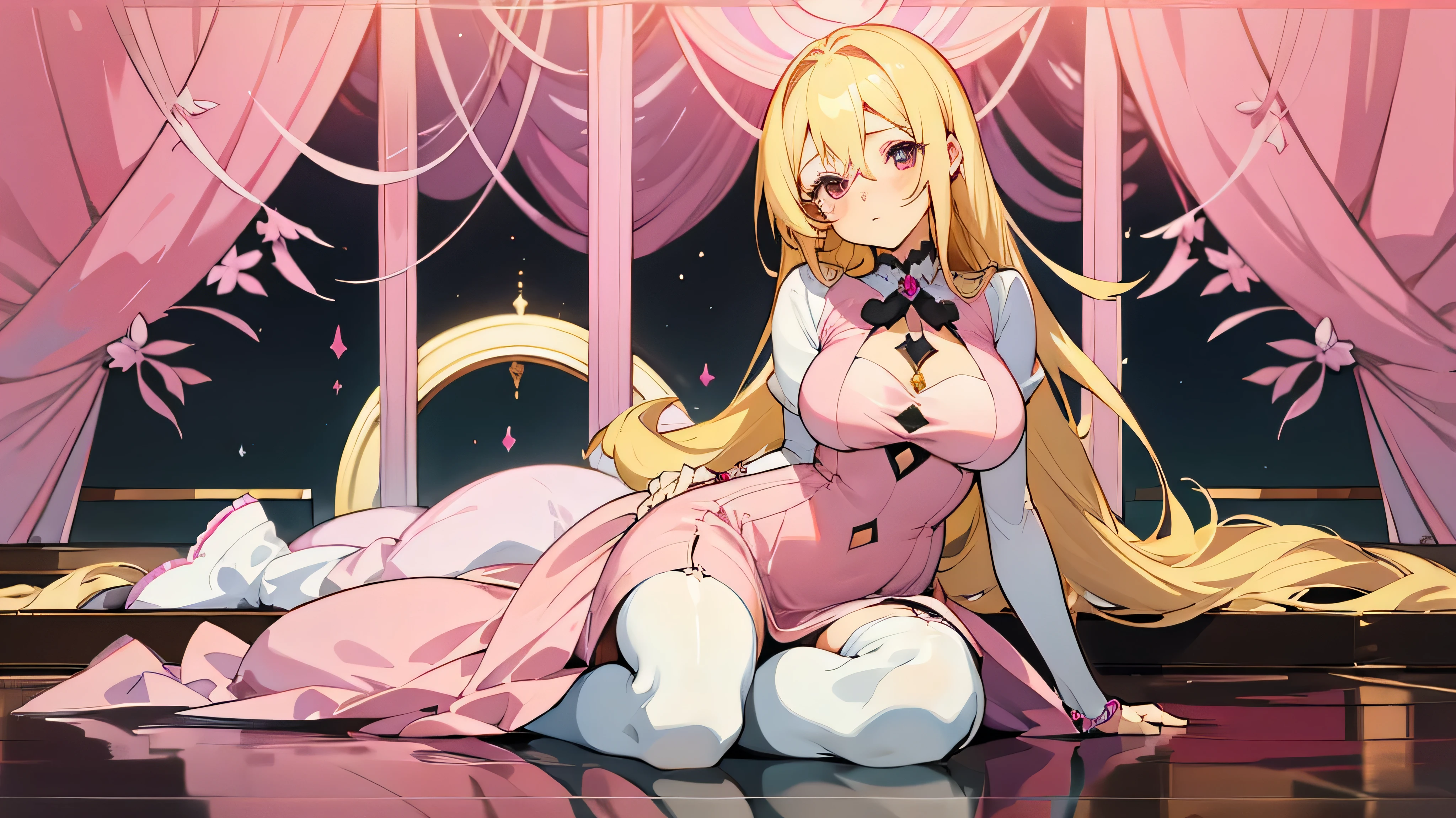2D anime girl sitting on the floor on her knees, in stockings. Anime girl: blonde with dark eyes, large lush breasts and in a pink transparent dress. The frame stays on the face and chest. She has a perfect hourglass figure. Behind is a beautiful pink room for a girl..