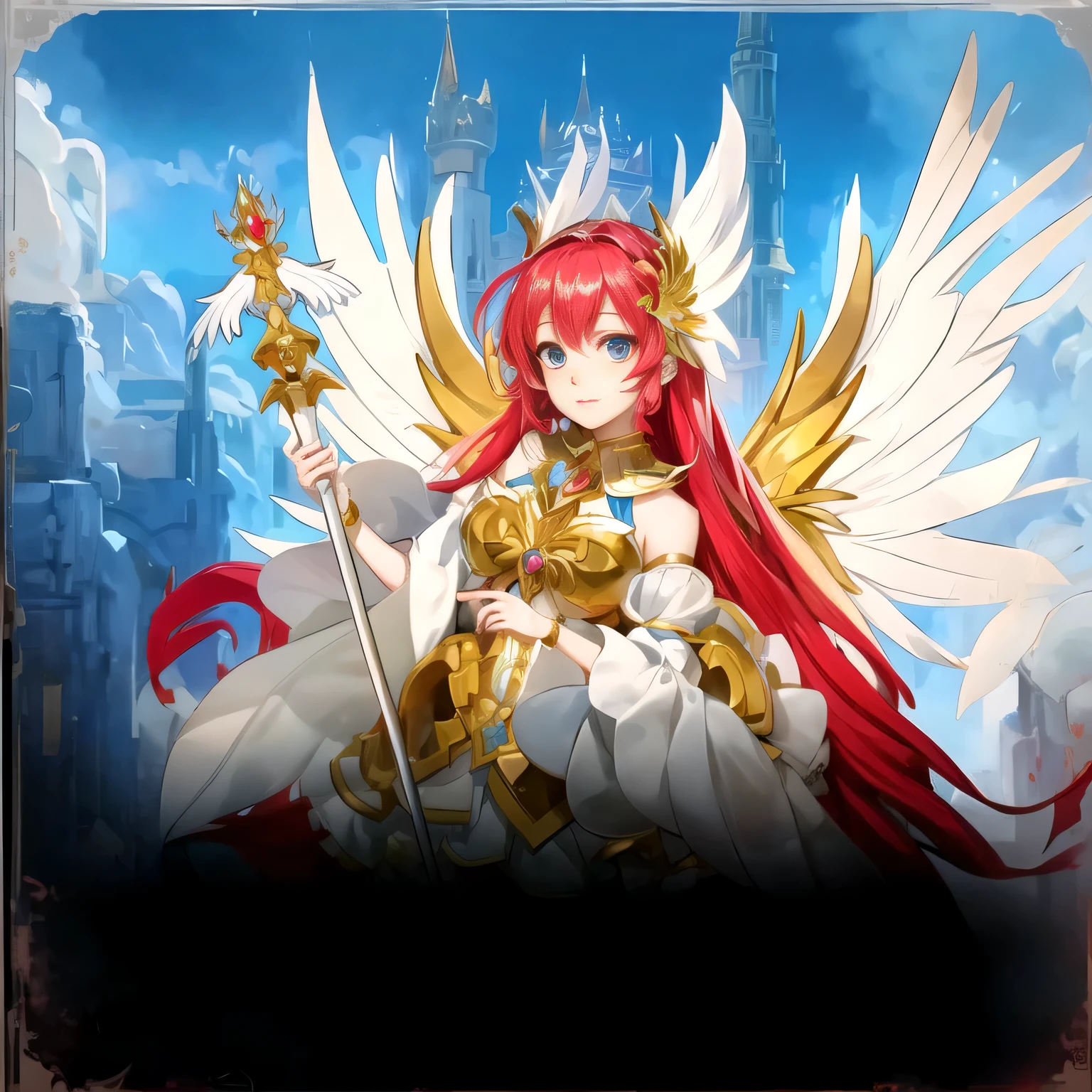 anime character with a sword and a golden crown on a white background, mystical atlantean valkyrie, anime goddess, angel knight girl, as a mystical valkyrie, official art, mystical valkyrie, official character art, knights of zodiac girl, lady palutena, freya, the god athena, princess of light, appears as the fire goddess, ((a beautiful fantasy empress))
