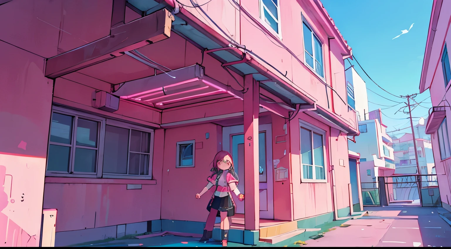 (Vista traseira da , cabelo rosa, terno de marinheiro, holding hands) , (pink cyberpunk building roof, pink neon)