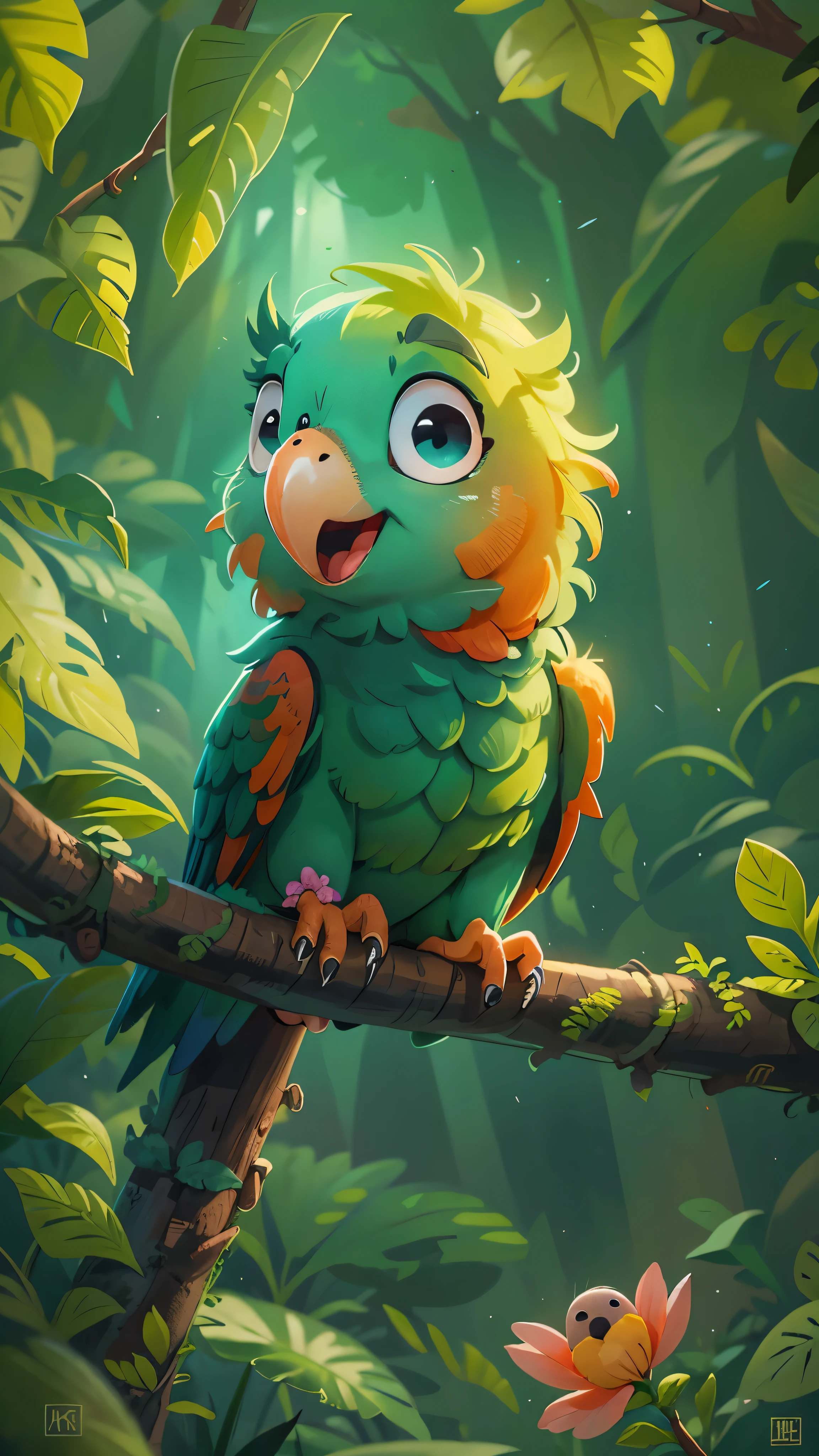 Un lindo lorito,jugando en las ramas,de cerca, Pixar cinematic style, Mejor calidad, movie frames, muy lindo, ojos grandes, ojos brillantes, birds and flowers around, selva, linda pintura digital, Arte digital encantador y detallado.,