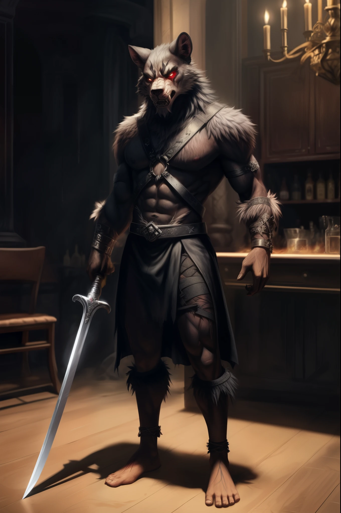 (((Barefoot furry character, full body, cinematic setting, male))) The Beast is back, the Beast In Black The Beast is back, the Beast In Black Tormented and wounded, branded and persecuted Torn inside out yet here I stand Fierce anger, blind madness, invoke the Beast of Darkness No mercy 'cause they all must die Like a hellraiser, monster of rage Unleash the fury through your sword of hate Destroy and murder, retaliate Harness the power of the Beast In Black BREAK, detailed background, 8K, (masterpiece:1.5), intricate details, highly detailed, extreme detail, octane render, fine art, best quality, highres, (detailed face:1.5), ((full_body)), UHD, (((perfect hands)))