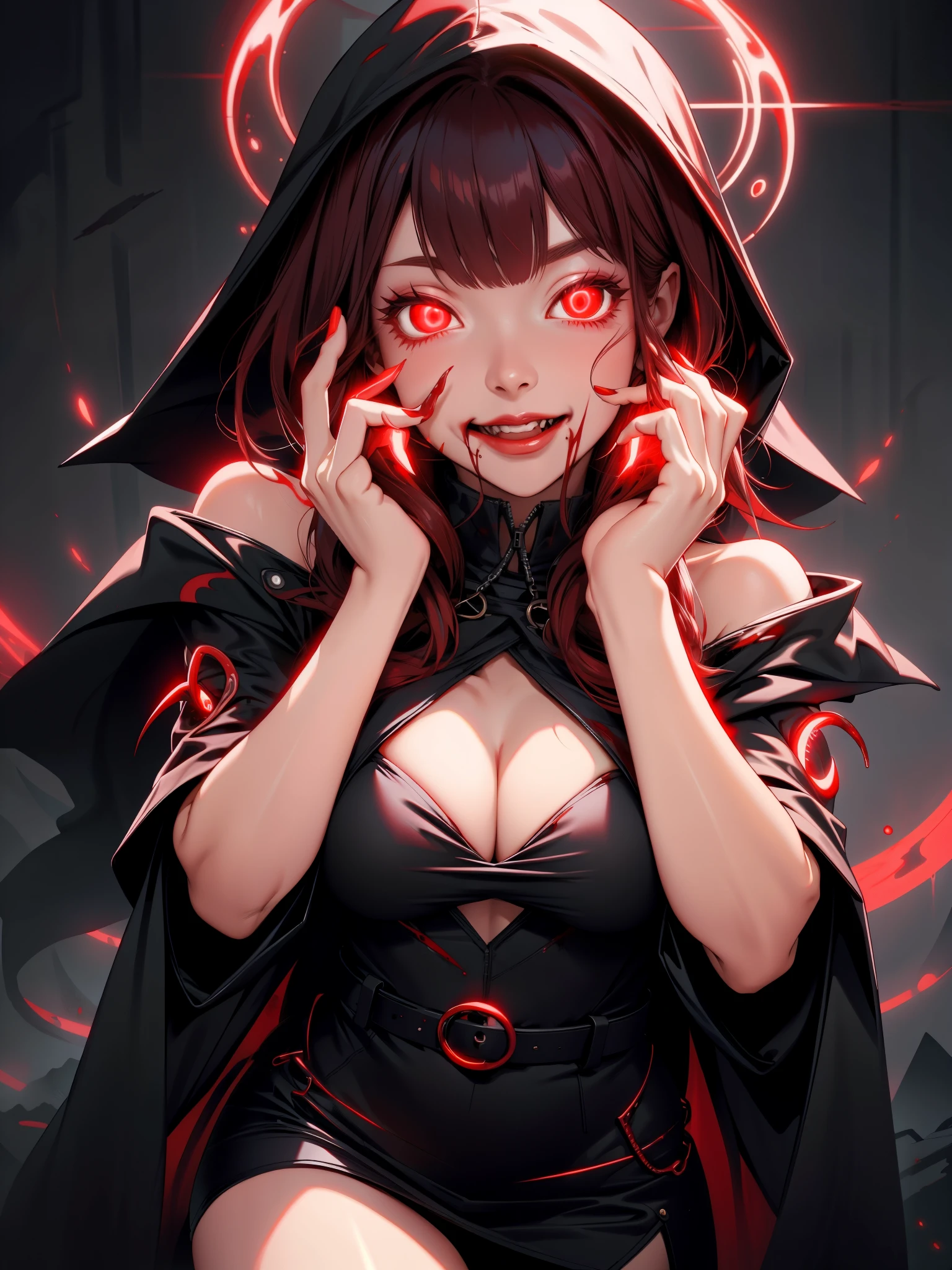 perfect eyes:1.2, detailed eyes:1.4, realistic:1.4, blood on face, blood on chest, crazy eyes, crazy smile, open mouth, hood up, fringe:1.2, carnagestyle, (Blood_Red:1.5), covered in blood, red eyes, glowing eyes, GlowingRunes_red, yandere trance, yandere, red hair, hair over shoulder, robe, cape, robe, argyle, checkered, clothing cutout, thighhighs, makeup, lipstick, cleavage, 1girl, solo, (masterpiece:1.6, best quality),
