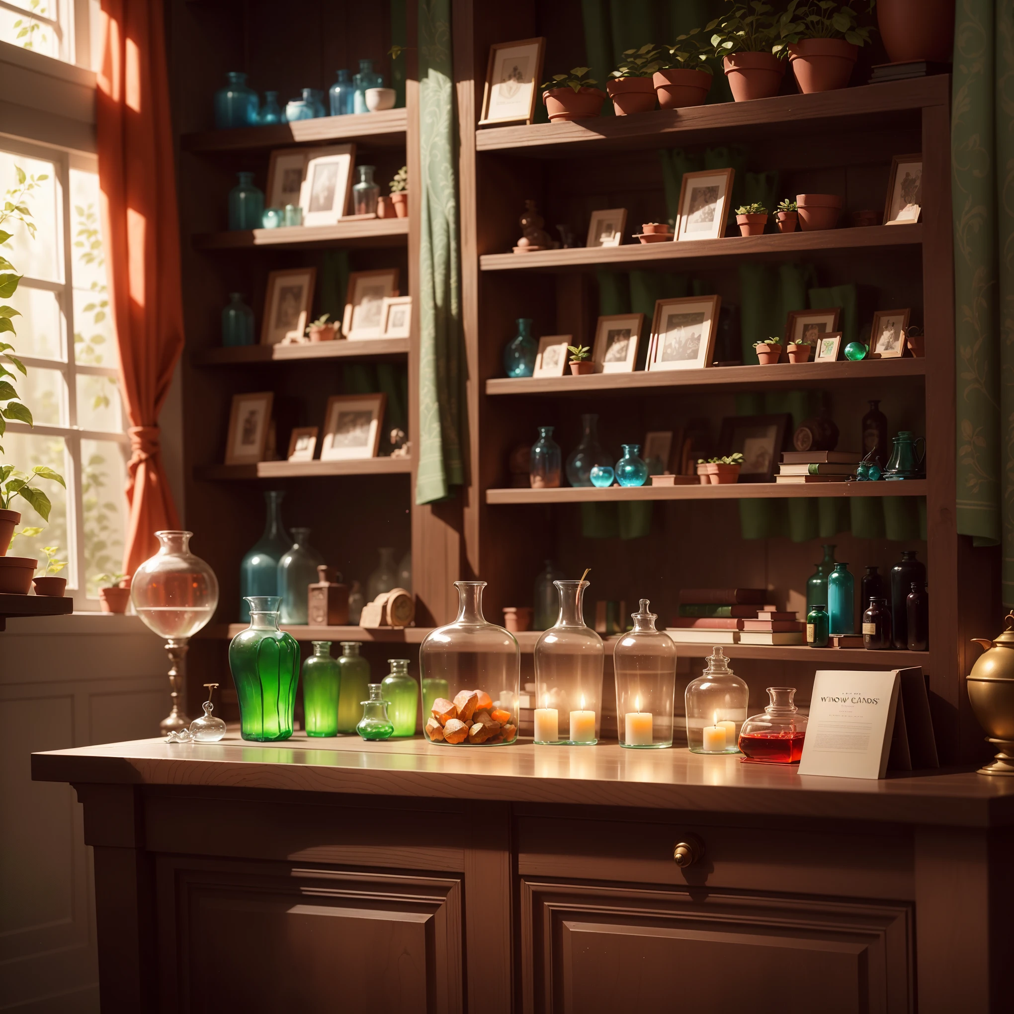 (((window with green curtains))), ((plant in the pot)), shelves with glass bottles of medicines (((colorful liquid blue, red orange, Green))), ((multi-colored glass crystals)) ((Gems)), books, (Lit candles)