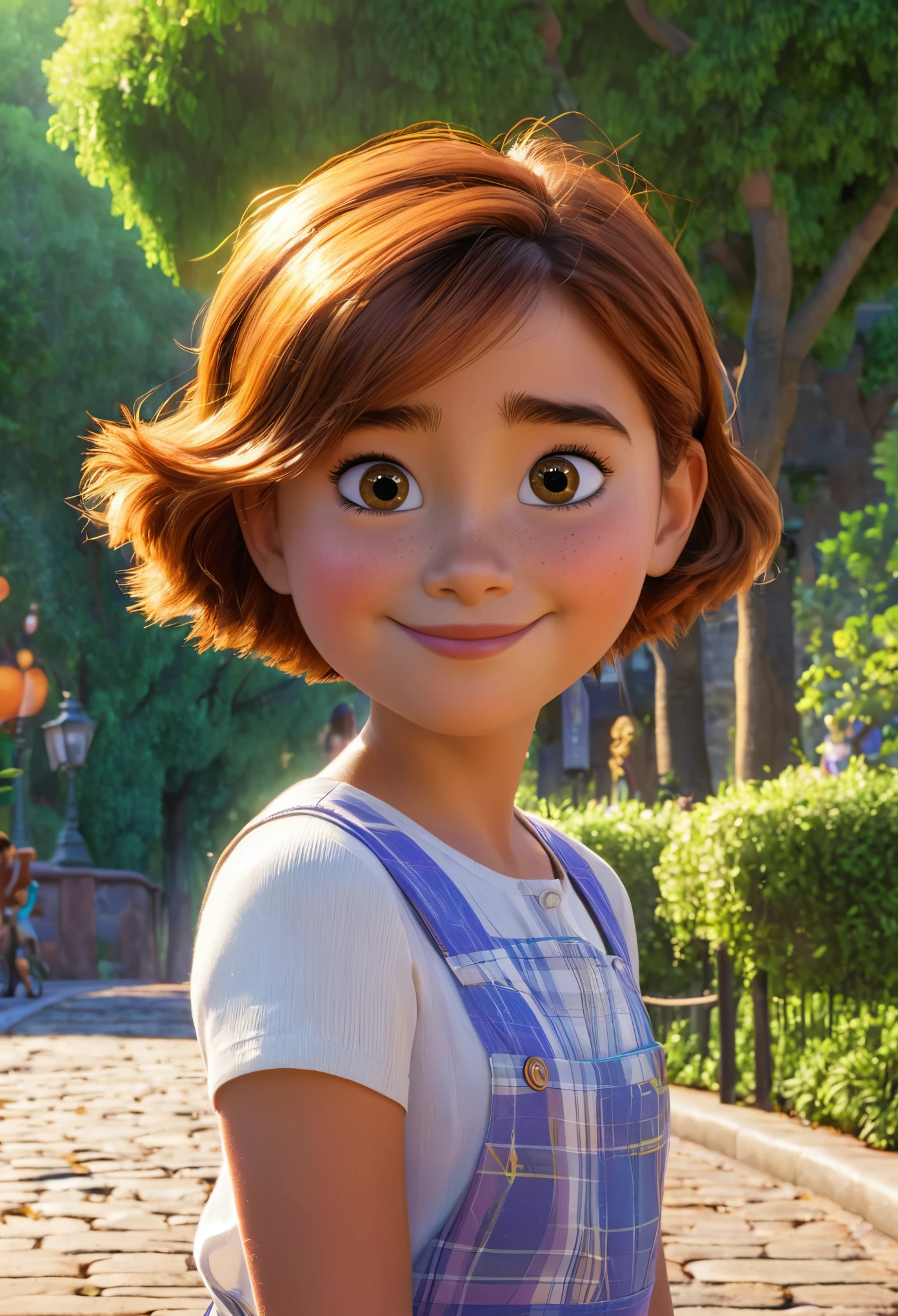 Pixar movie poster of a young girl short copper hair, and in the background is a girl with long brown hair, una chica blanca con cabello crespo negro, una chica morena con cabello crespo negro, a brunette adult woman with brown hair, y un chico blanco con lentes y cabello crespo, en un parque