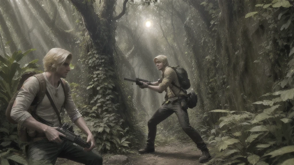 full body photo of xQc man , blonde hair, wearing Nathan drake cosplay, fighting, extremely detailed, intricate detail, careful detail, best quality, ultra-detailed, photorealistic, gun in hand, real life, in a jungle