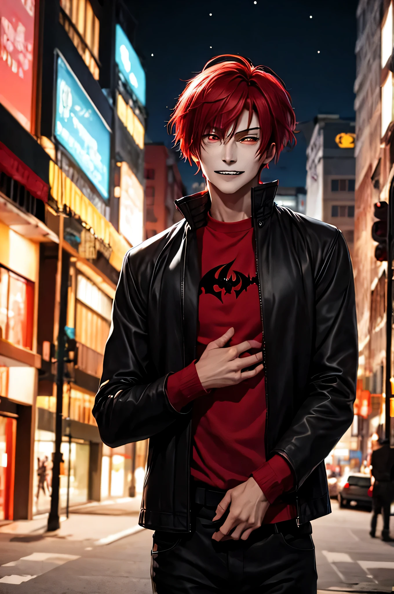 anime character with red hair and a black jacket, with red hair, anime handsome man, male anime character, 1boy, solo, suoh mikoto, k project, (((vampire))), insanity, malkavian, city in background, (night), smirk, cowboy shot, dynamic lighting