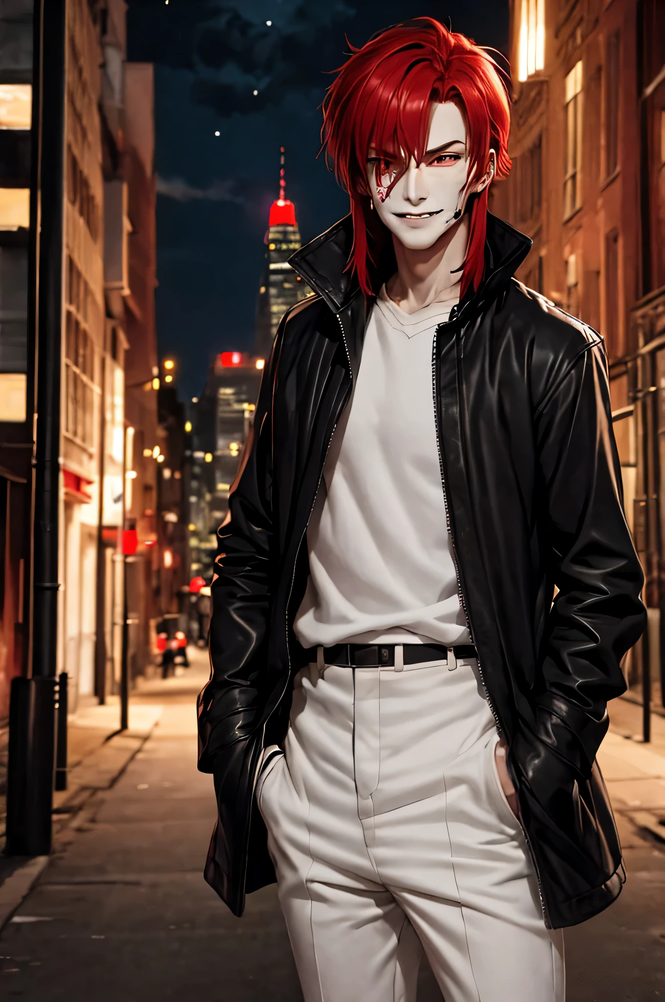 anime character with red hair and a black jacket, with red hair, anime handsome man, male anime character, 1boy, solo, suoh mikoto, k project, (((vampire))), insanity, malkavian, city in background, (night), smirk, cowboy shot, dynamic lighting