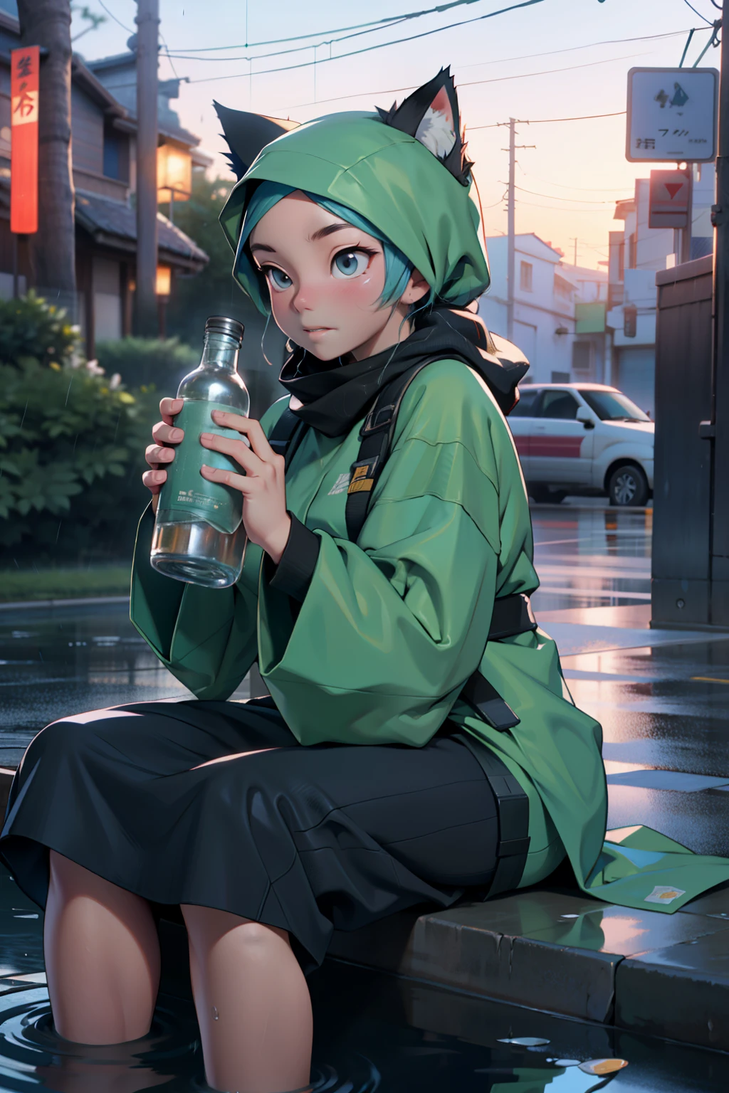 Amidst the tranquil evening scene of a beautiful city, Hinata sat on the curb, holding a bottle of mineral water in one hand. Drenched in the heavy rain, she wore a modern Muslim outfit with trendy jilbab adorned with cat-ear designs on it, framing her ears. The raindrops cascaded down her jilbab, adding to the serene atmosphere.
This captivating image is achieved in the anime style with a photo-realistic touch, intricately detailed using Unreal Engine, and presented in stunning 7k resolution. The camera angle provides an up-close perspective from the front, offering a detailed view of Hin