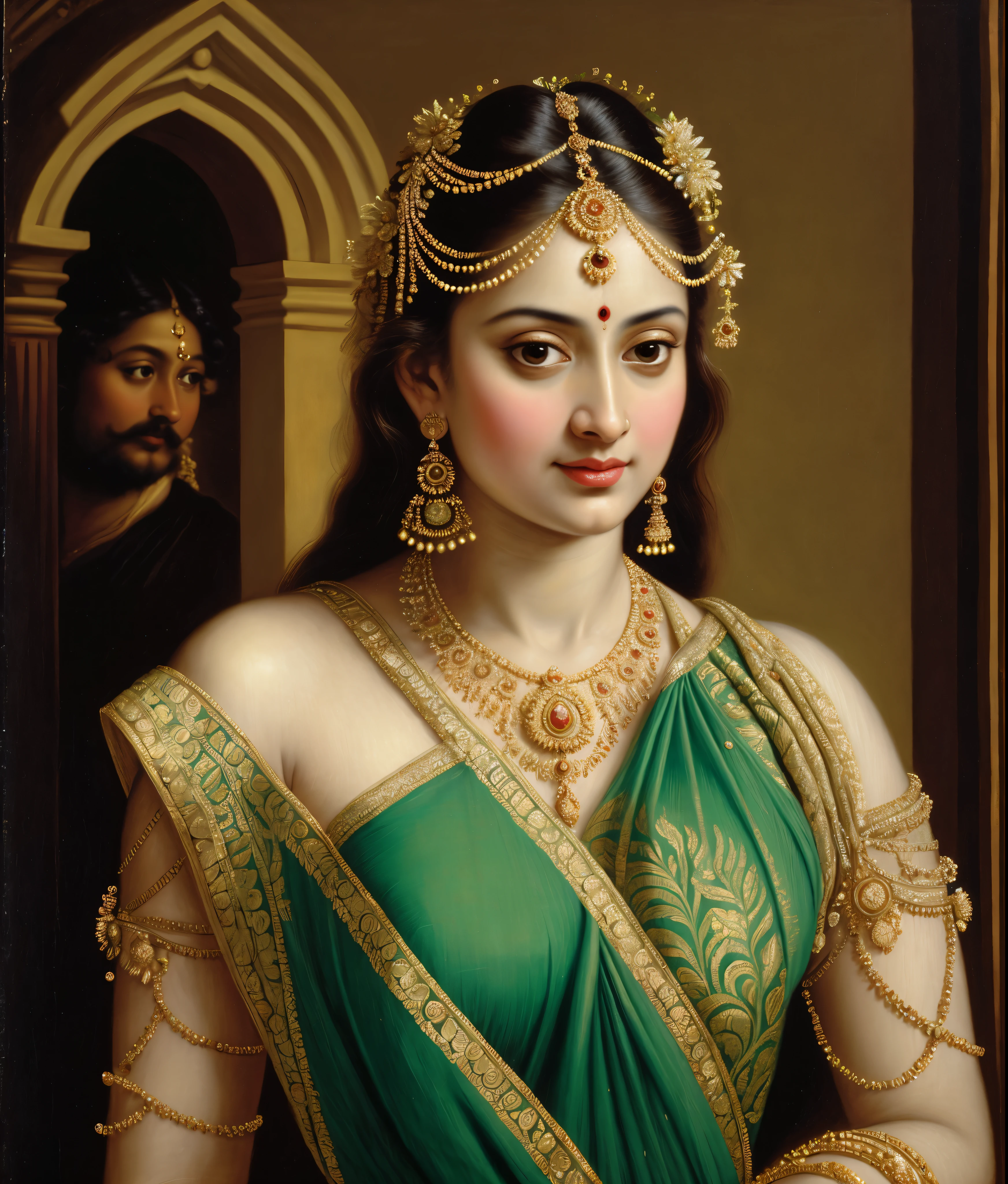 Beautiful Indian Woman, wearing saree, sari Beauty, gorgeous, Apsara, Maharani, royal queen woman, nymph from Hindu Mythology, Urvashi, matchless beauty, Highly detailed, Oil Painting by Peter Paul Rubens inspired by Raja Ravi Varma, Matchless beauty, captivating, gorgeous, heavenly beauty, celestial beauty, by Peter Paul Rubens, 13, realistic, hyper realistic, micro details, incredible artwork, insane details, ultra High resolution, 8k, 32k, acrylic on canvas, intricate, flawless, detailed, detailed face, detailed eyes, masterpiece, by Peter Paul Rubens, by Caravaggio, by William Adolphe bouguereau, perfect face, perfect body, beautiful art, realism, baroque, renaissance Art, highly textured, beautiful and detailed eyes, uhd, best quality,