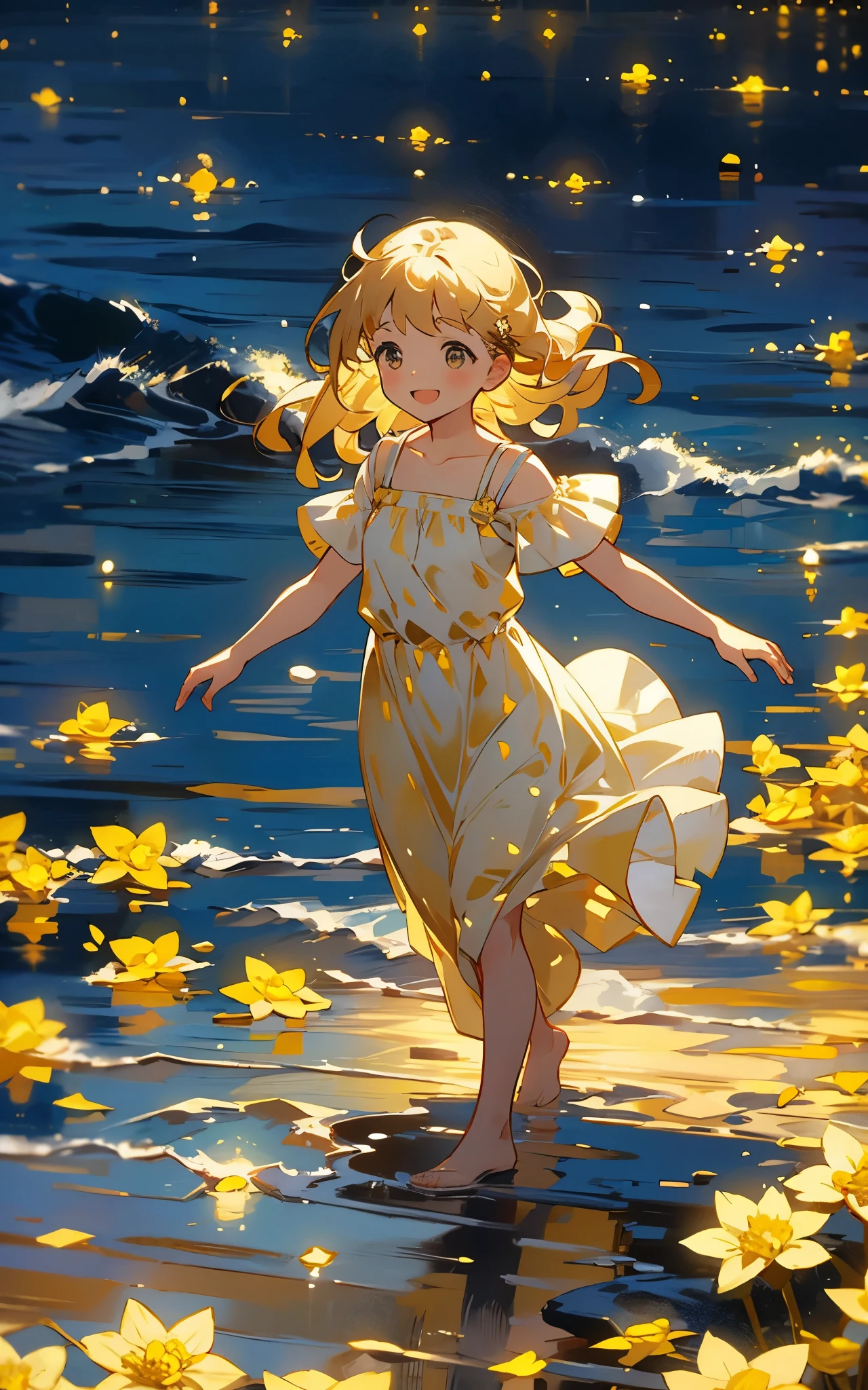 A sea of golden flowers：A charming girl in a golden dress，Walk among the golden flowers，Her smile was filled with tenderness and joy