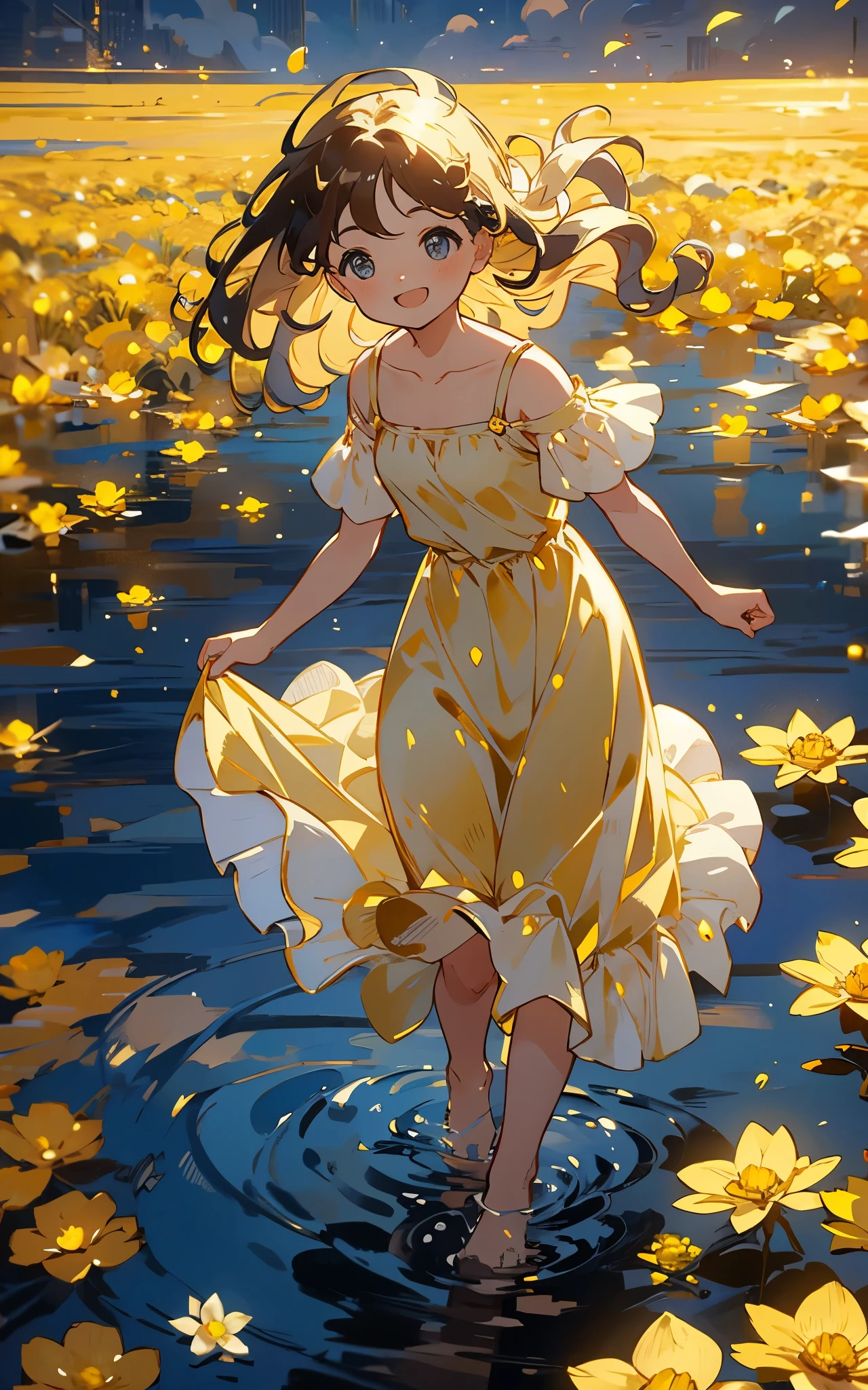 A sea of golden flowers：A charming girl in a golden dress，Walk among the golden flowers，Her smile was filled with tenderness and joy