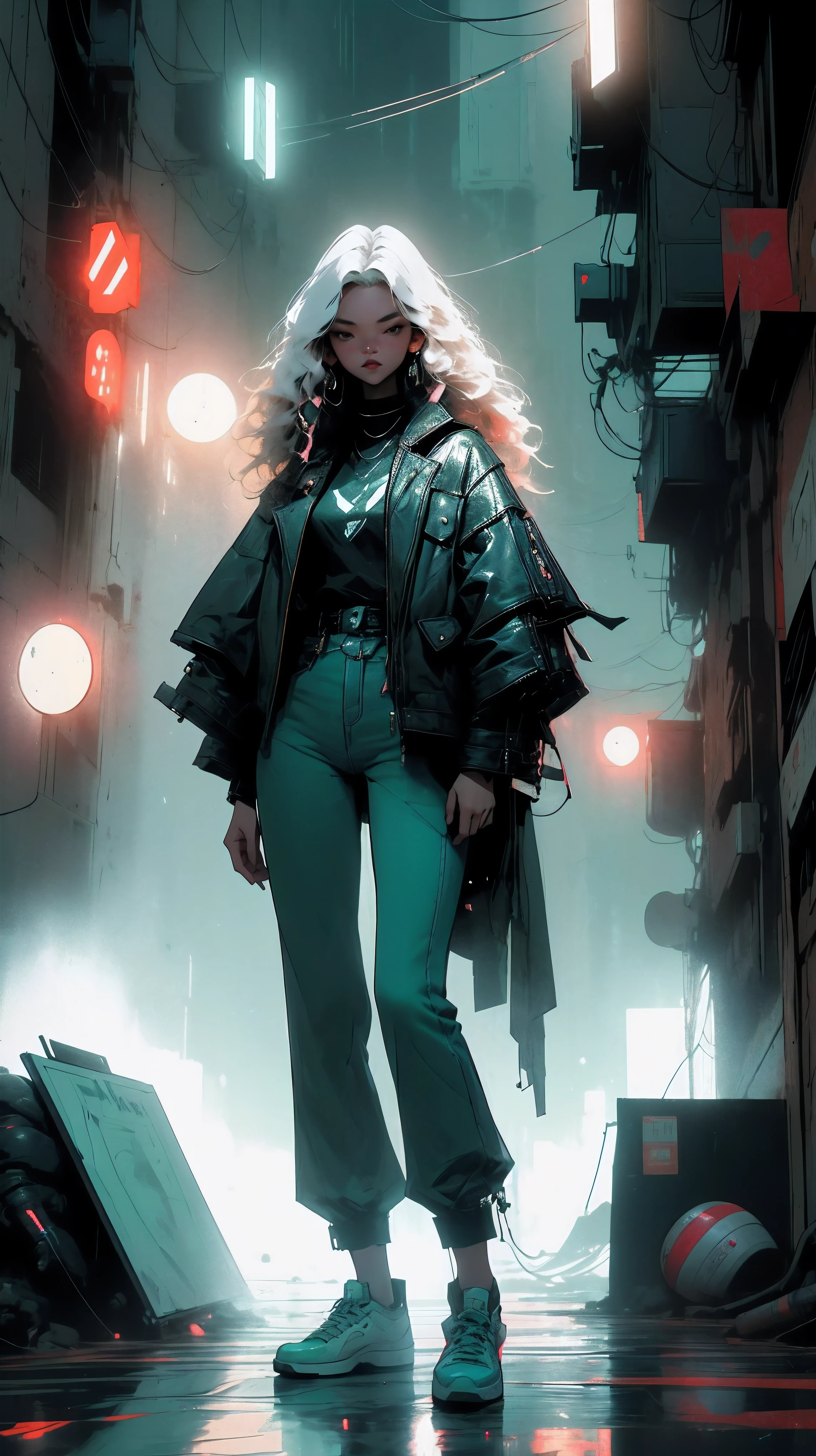young asian woman, long curly mint hair, light mint hair, black leather jacket, black t-shirt, blue jeans, white sneakers, foggy night asian street, neon green signs on the buildings around her; misty atmosphere, casting an ethereal glow that illuminates the woman and the surroundings