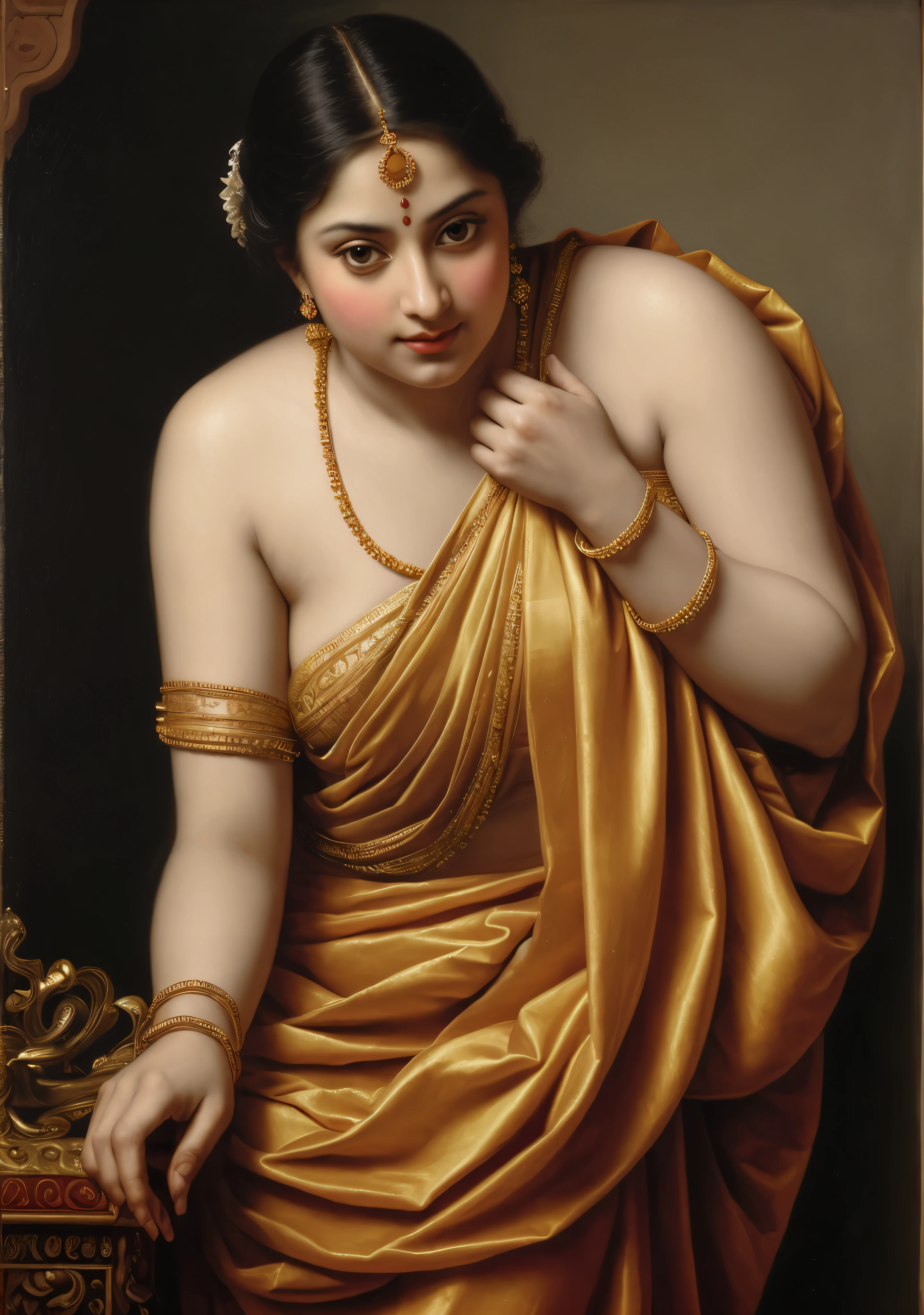 Beautiful Indian Woman, wearing saree, sari Beauty, gorgeous, Apsara, Maharani, royal queen woman, nymph from Hindu Mythology, Urvashi, matchless beauty, Highly detailed, Oil Painting by Peter Paul Rubens inspired by Raja Ravi Varma, Matchless beauty, captivating, gorgeous, heavenly beauty, celestial beauty, by Peter Paul Rubens, 13, realistic, hyper realistic, micro details, incredible artwork, insane details, ultra High resolution, 8k, 32k, acrylic on canvas, intricate, flawless, detailed, detailed face, detailed eyes, masterpiece, by Peter Paul Rubens, by Caravaggio, by William Adolphe bouguereau, perfect face, perfect body, beautiful art, realism, baroque, renaissance Art, highly textured, beautiful and detailed eyes, uhd, best quality,