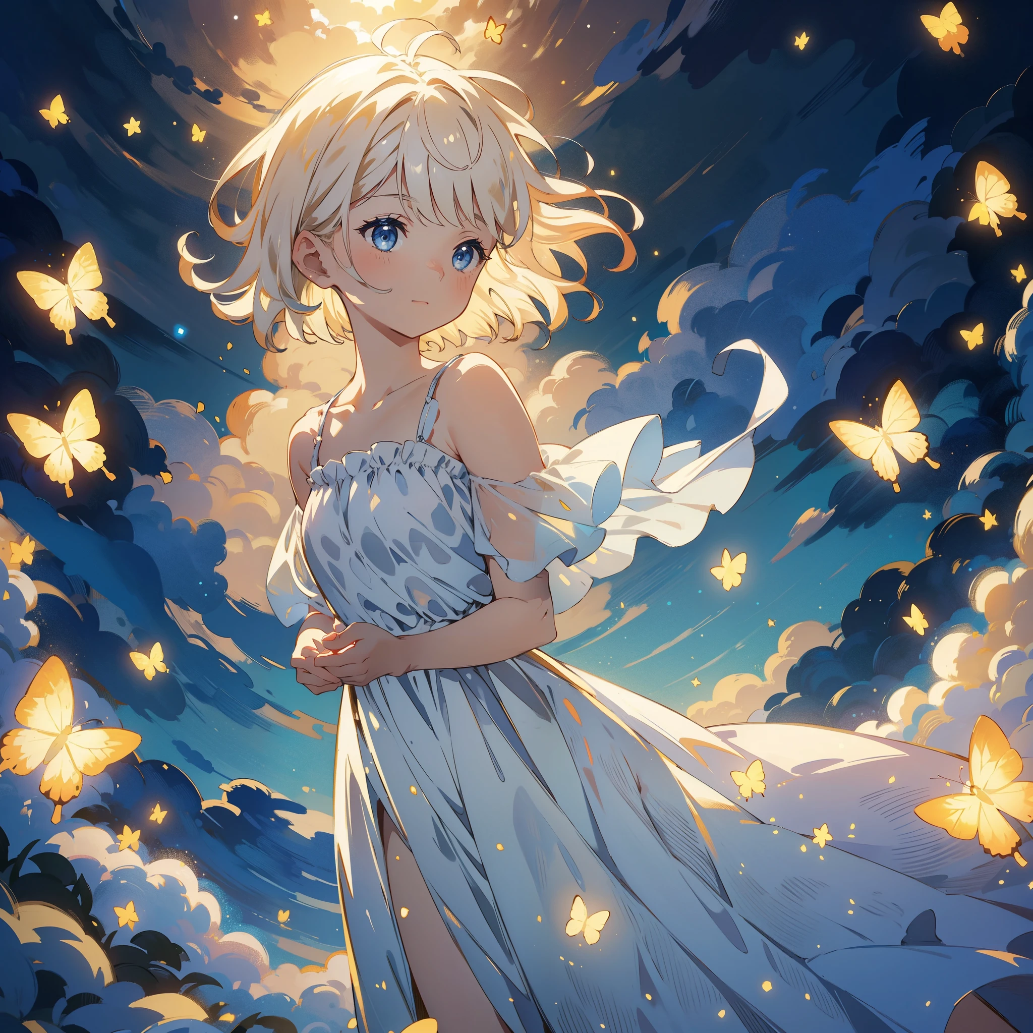 Feature a carefree girl in a windswept field of flowers, surrounded by glowing butterflies. Stars illuminate the sky, and the sun casts a warm glow. Add bokeh for a dreamy touch. distant view, starlight, butterflies, masterpiece, best quality,HDR.UHD.4K,8K,K,Highly detailed,ultra-finepainting,extreme detail description,Professional, volumetric light, platinum blonde hair, bob cut, butterfly, best quality, illustration, beautiful detailed eyes, blue eyes, pose, white costume, starry sky, standing, from below, sun glare, sun visible at night
