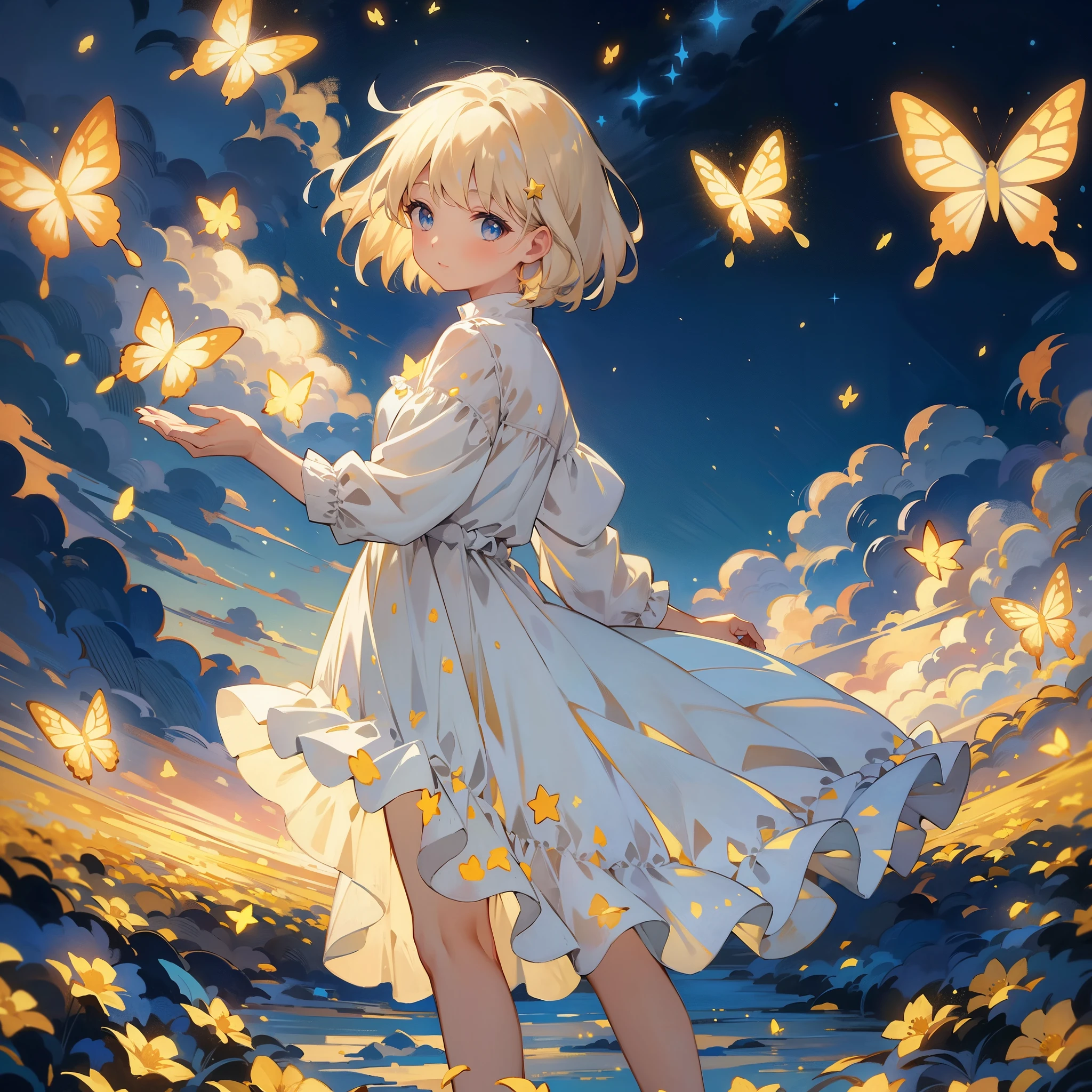 Feature a carefree girl in a windswept field of flowers, surrounded by glowing butterflies. Stars illuminate the sky, and the sun casts a warm glow. Add bokeh for a dreamy touch. distant view, starlight, butterflies, masterpiece, best quality,HDR.UHD.4K,8K,K,Highly detailed,ultra-finepainting,extreme detail description,Professional, volumetric light, platinum blonde hair, bob cut, butterfly, best quality, illustration, beautiful detailed eyes, blue eyes, pose, white costume, starry sky, standing, from below, sun glare, sun visible at night