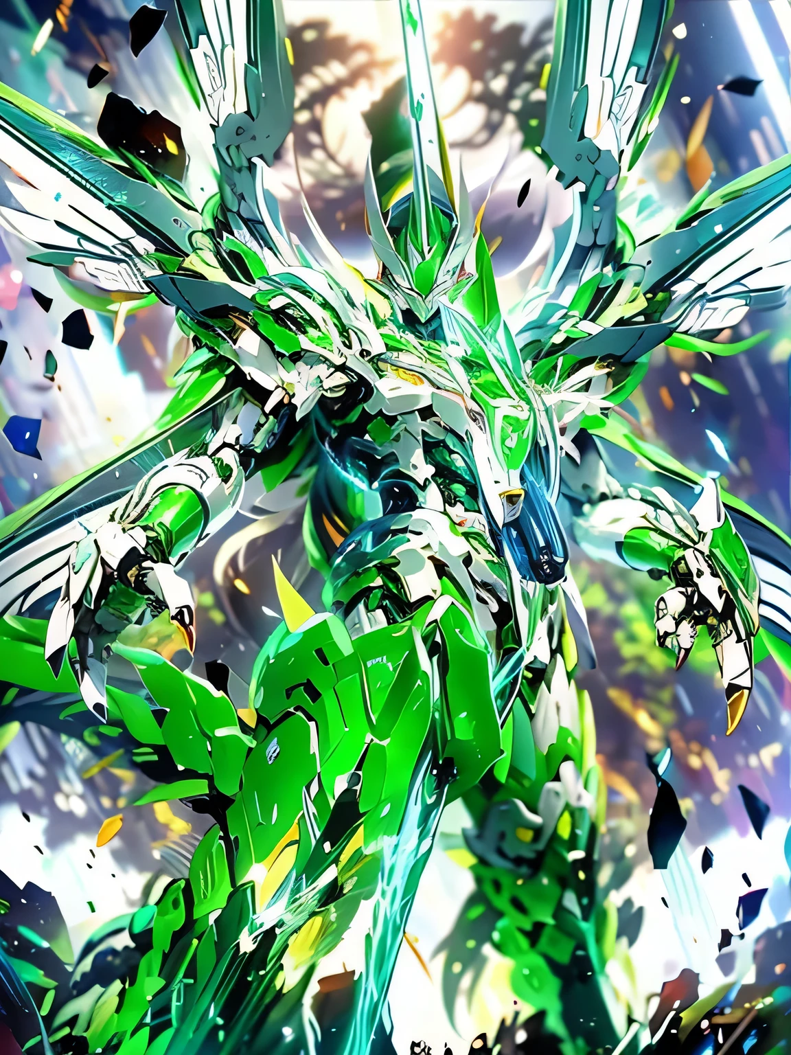 a close-up of a green and white robot with a lightning effect, cyborg vegetable dragon, glowing green soul blade, robotic anime mixed with organic, estilo de arte yugioh, you don't, estilo yugioh, batroid mode, feito de sinapse cristalizada, deus grego em estilo mecha, estilo mecha legal, Pterodactyl wick