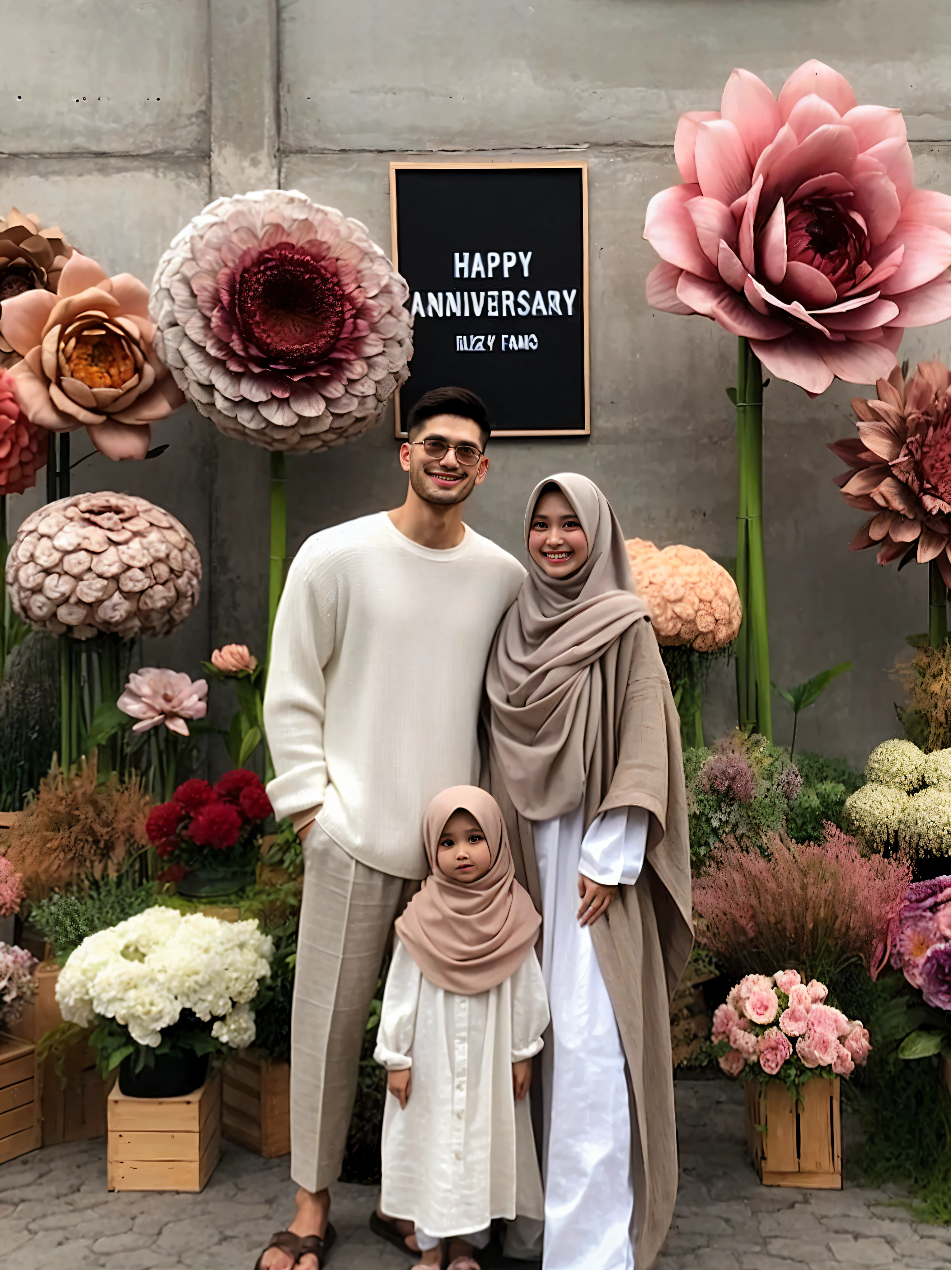 there is a woman and a  standing in front of a flower display, giant flowers, hijab, huge blossoms, white hijab, inspired by Fathi Hassan, standing in a flower field, in garden, inspired by Shaddy Safadi, with a kid, modest, with flowers, standing in flower field, instagram picture, beautiful aesthetic