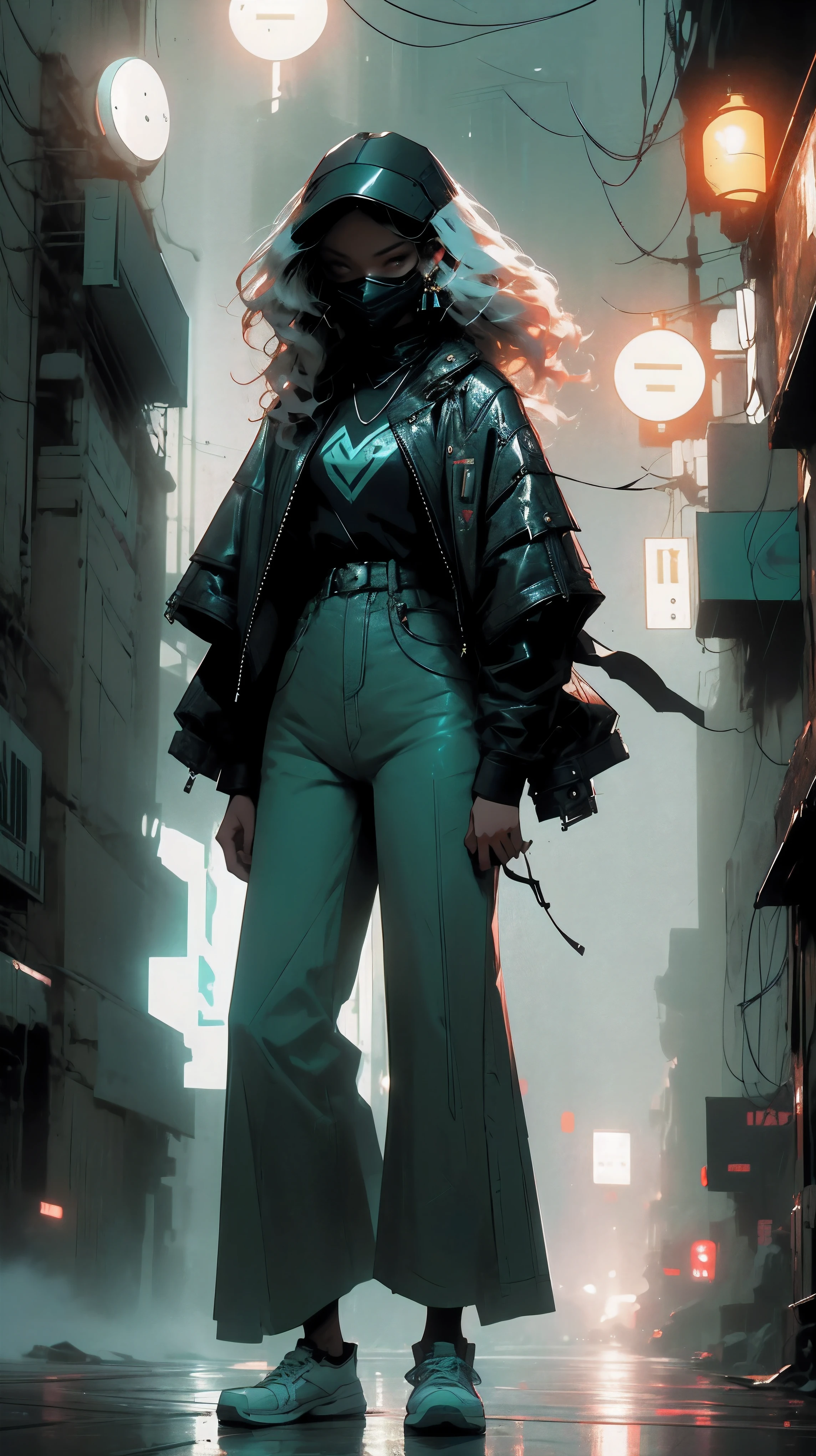young asian woman, long curly mint hair, light mint hair, black leather jacket, black t-shirt, blue jeans, white sneakers, foggy night asian street, neon green signs on the buildings around her; misty atmosphere, casting an ethereal glow that illuminates the woman and the surroundings