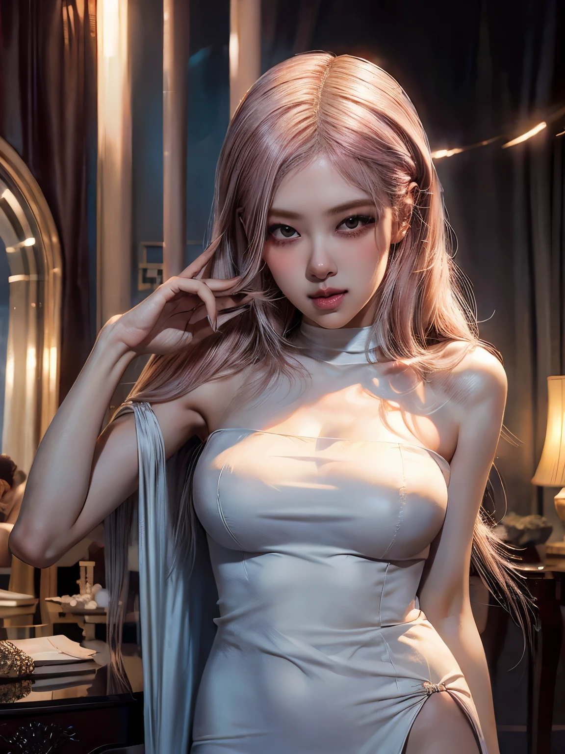 Princess of Lightness,pink hair,busty,Glamour,fabulous,Jewelry,monochrome,goddess,light Fantasy,light Venus,erotic posing,Dynamic posing,dramatic,cinematic,detailed background,light fantastic view,Best quality,table,8 k,Maximum detailed light background, Highest image quality、raw photo、Super high resolution、Show Legs，cropped shoulders，Close-up of the whole body，Be red in the face，overall the look is very erotic。（Hand optimization），（Parts Reinforced），（High image quality） 18 year old woman、Filmed for one person only、Model shooting、Medium breasts、in a white dress、Beautiful eye details、Very thin eyes、Beautiful eyelashes、beautiful double eyelid、very slim build, shy, with rosy cheeks, 🤍 Lower milk is visible, Shy, with blush cheeks,