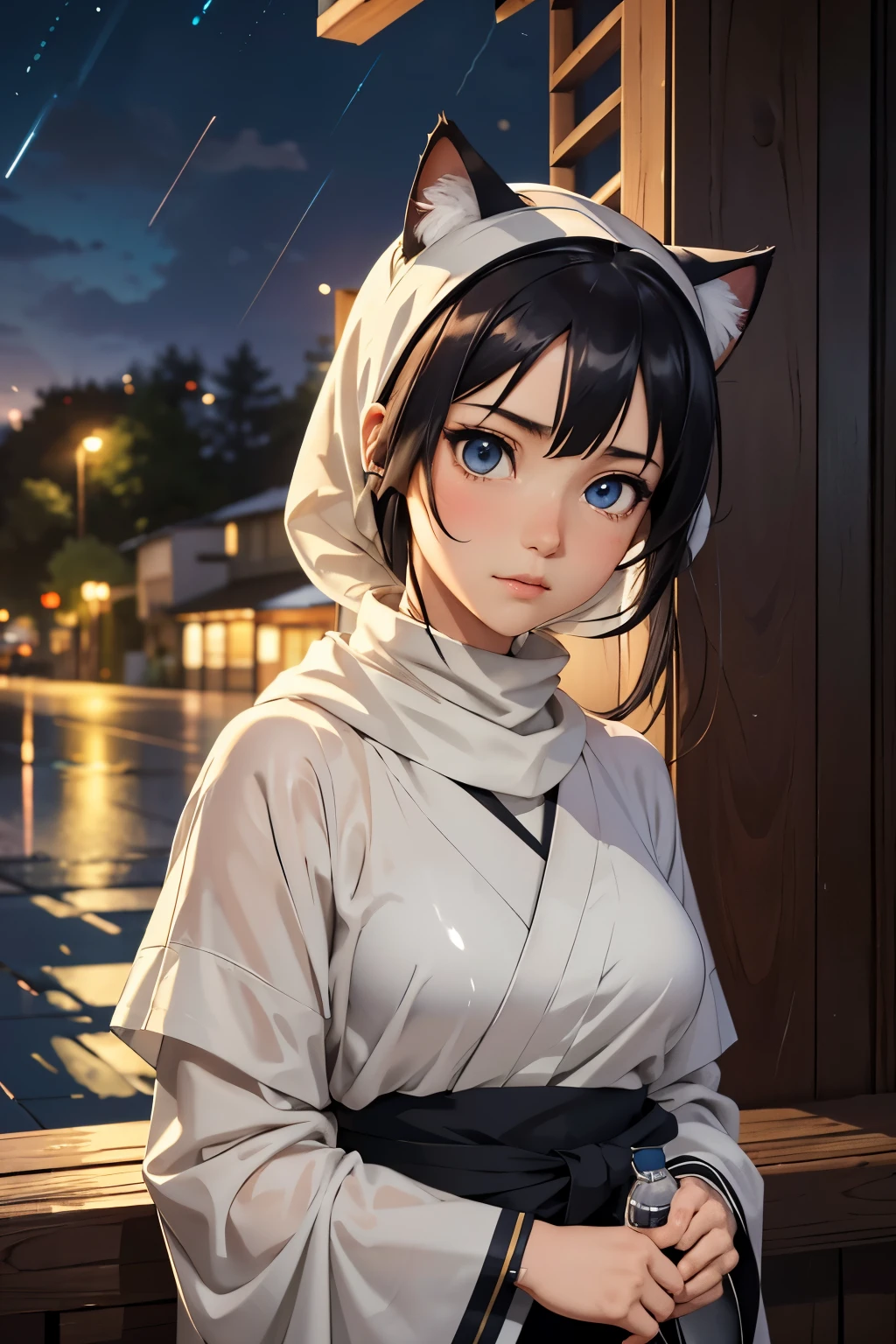 Hinata, with a bottle of mineral water in hand, sat quietly under the trendy muslin outfit and stylish jilbab adorned with cat-ear-shaped accents on her head. In the midst of a luscious rain shower during the tranquil night in the beautiful cityscape, she embodied an enchanting allure.

In this anime-style, photo-realistic image, every detail was meticulously crafted using Unreal Engine, offering a 7k resolution that captured the essence of the scene's insignificance. The camera angle, positioned from the front, highlights Hinata's captivating presence, showcasing the intricacies