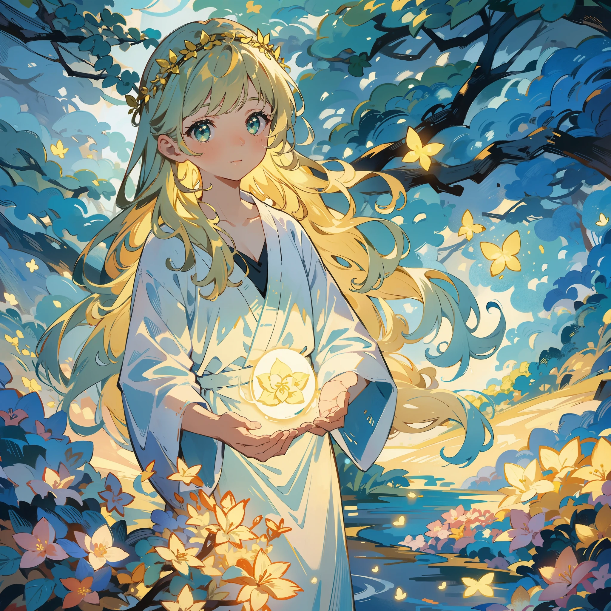 The goddess of the Secret Forest: In a mysterious forest,A goddess girl wears a gorgeous robe,Wearing a flower crown on his head,The eyes reveal wisdom and mystery。She stands in the middle of the forest,It is surrounded by green trees and a mysterious atmosphere,The whole scene is full of magic and magic。