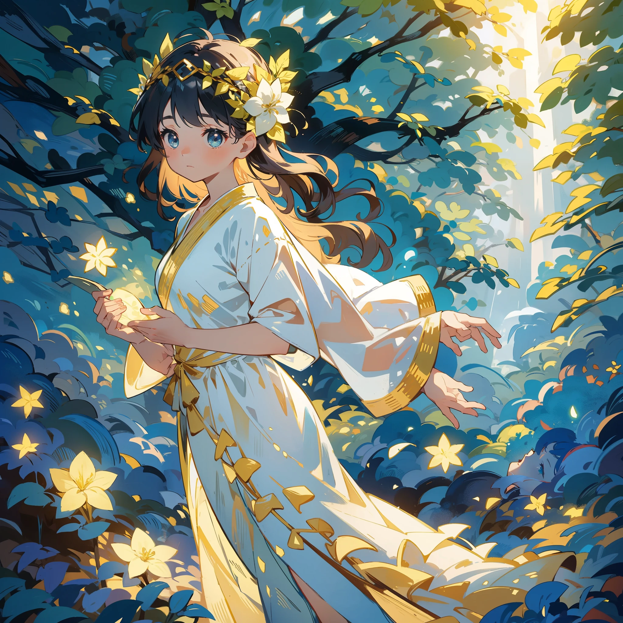 The goddess of the Secret Forest: In a mysterious forest,A goddess girl wears a gorgeous robe,Wearing a flower crown on his head,The eyes reveal wisdom and mystery。She stands in the middle of the forest,It is surrounded by green trees and a mysterious atmosphere,The whole scene is full of magic and magic。