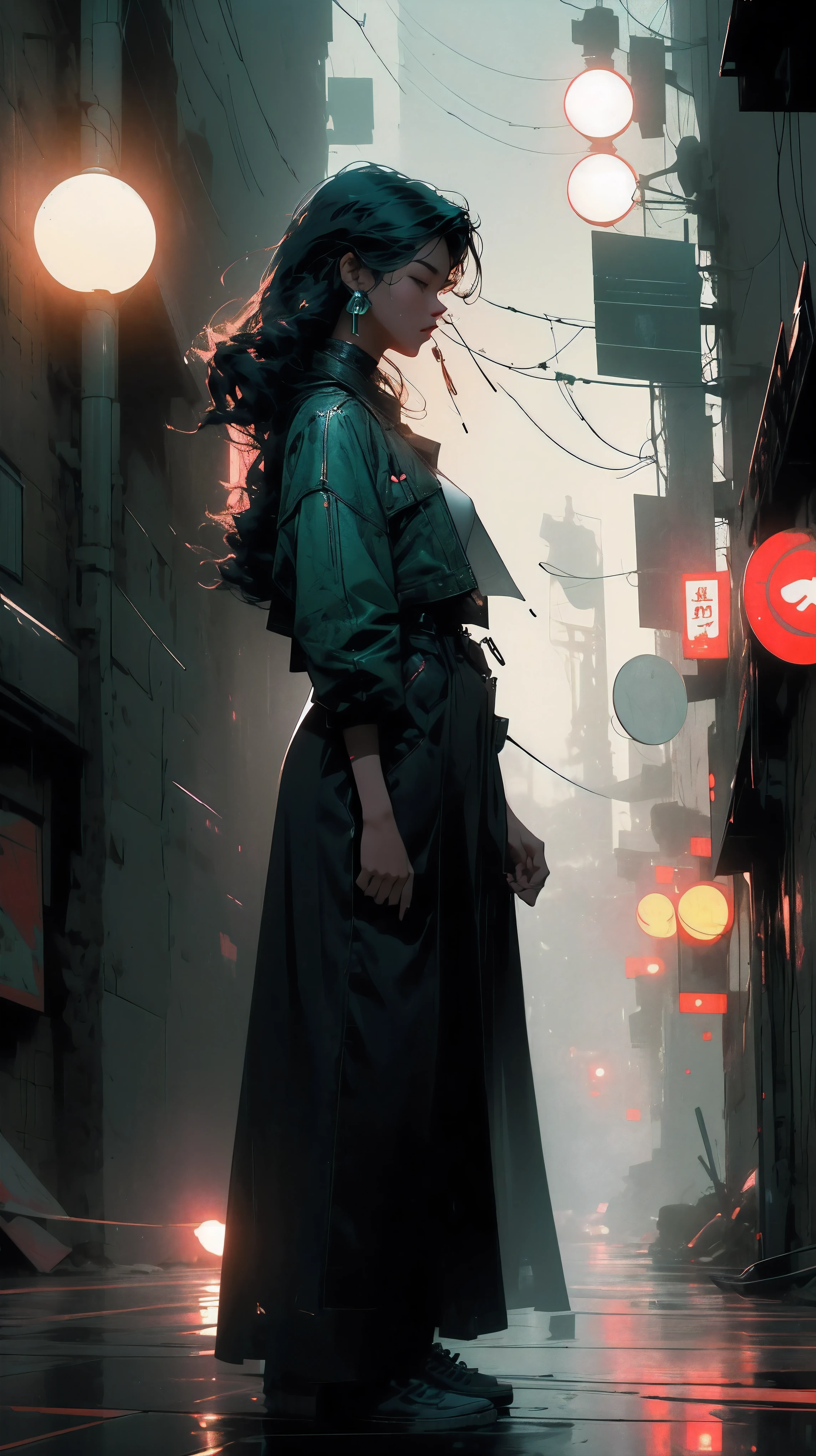 young asian woman, long curly mint hair, light mint hair, black leather jacket, black t-shirt, blue jeans, white sneakers, foggy night asian street, neon green signs on the buildings around her; misty atmosphere, casting an ethereal glow that illuminates the woman and the surroundings