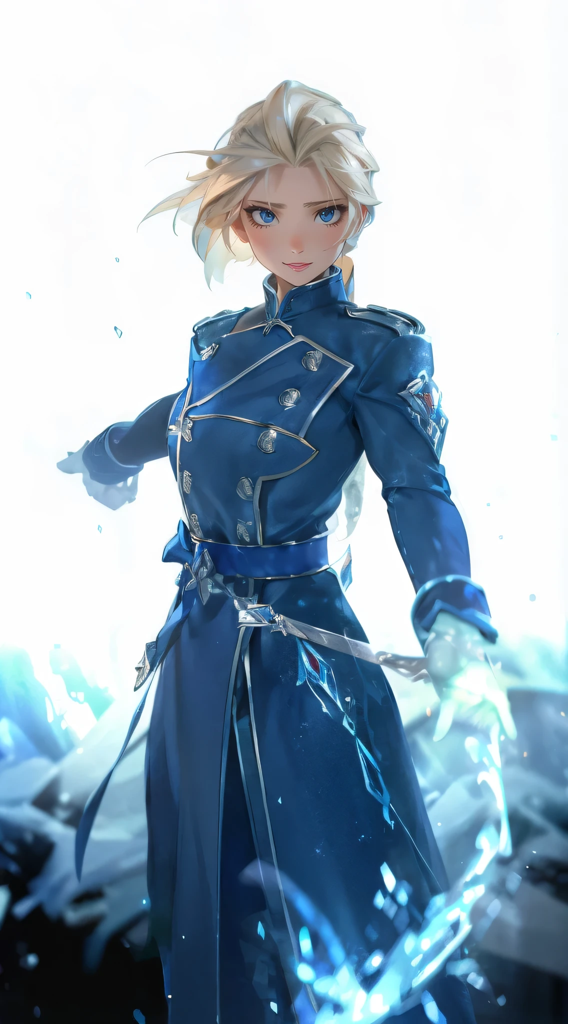 (best quality, ultra-detailed, 8k, uhd:1.2), Elsa from the Fullmetal Alchemist series, showcasing her ice element manipulation. She is depicted in a dynamic action pose, with a confident smile on her face. The artwork is rendered in a cinematic style, reminiscent of Disney's animation. The image is three-dimensional, with intricate details on Elsa's hair, clothing, and surroundings. The color palette is vibrant and enchanting, with a focus on icy blues and sparkling whites. The lighting creates a magical glow, emphasizing the frosty elements.