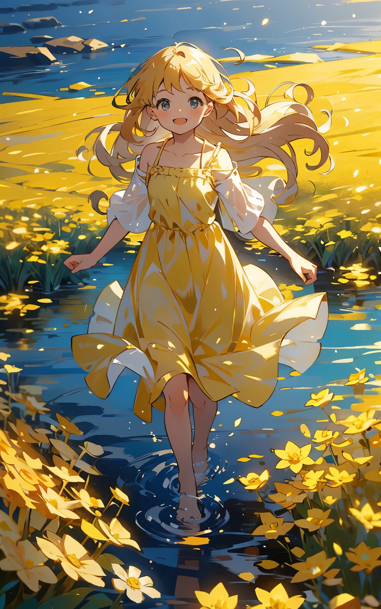 A sea of golden flowers：A charming girl in a golden dress，Walk among the golden flowers，Her smile was filled with tenderness and joy