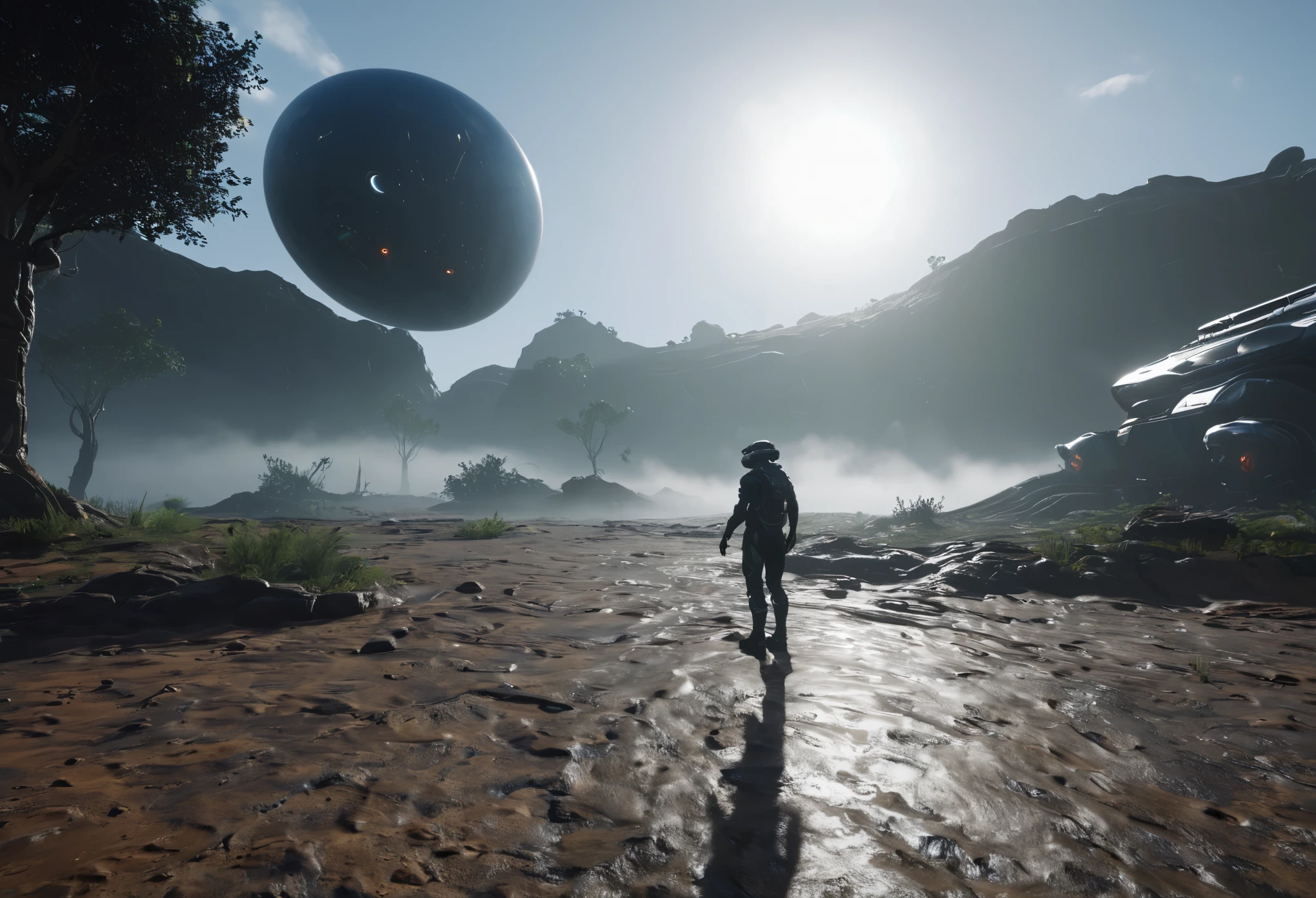VR first person，Alien scenes，VR operation interface，Realistic virtual scenes，empty land，Diffuse light mist，best quality，masterpiece
