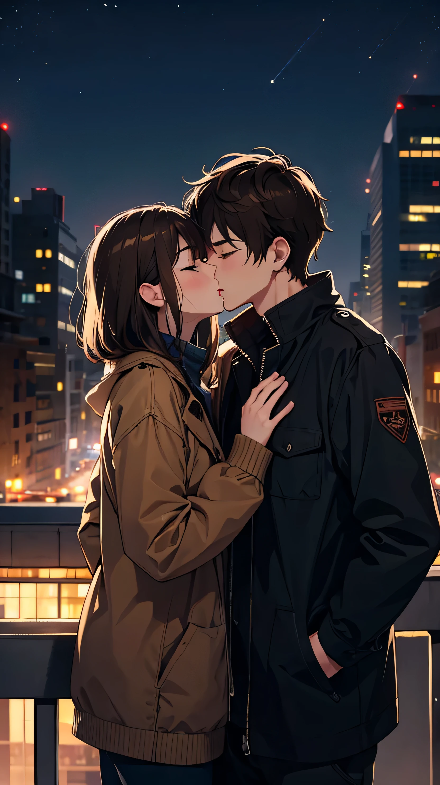 1 male and 1 female , brown hair, kissing , night city on top of buildings, closed eyes , hands in pocket