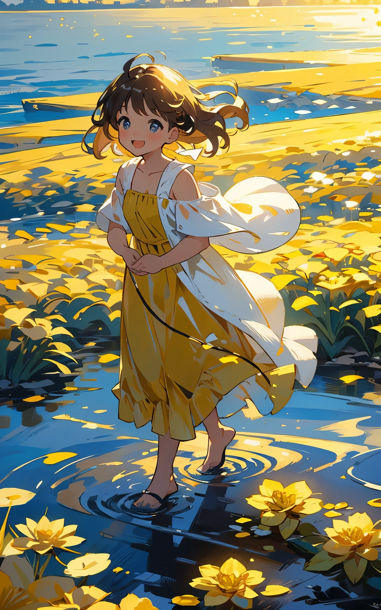 A sea of golden flowers:A charming girl in a golden dress,Walk among the golden flowers,Her smile was filled with tenderness and joy