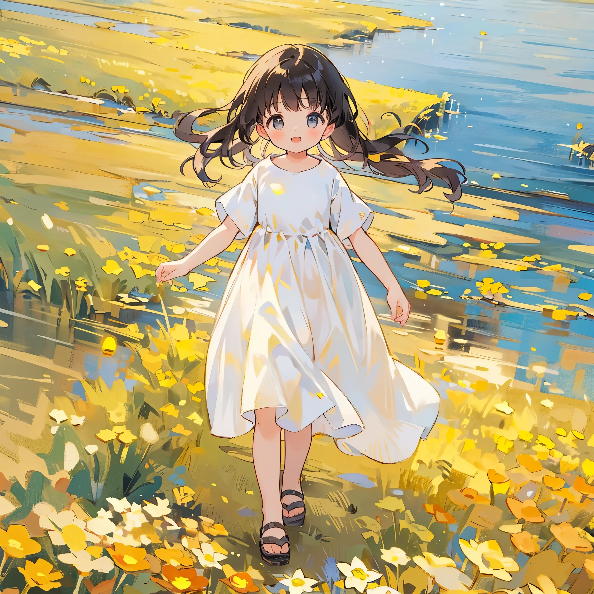 A sea of golden flowers:A charming girl in a golden dress,Walk among the golden flowers,Her smile was filled with tenderness and joy
