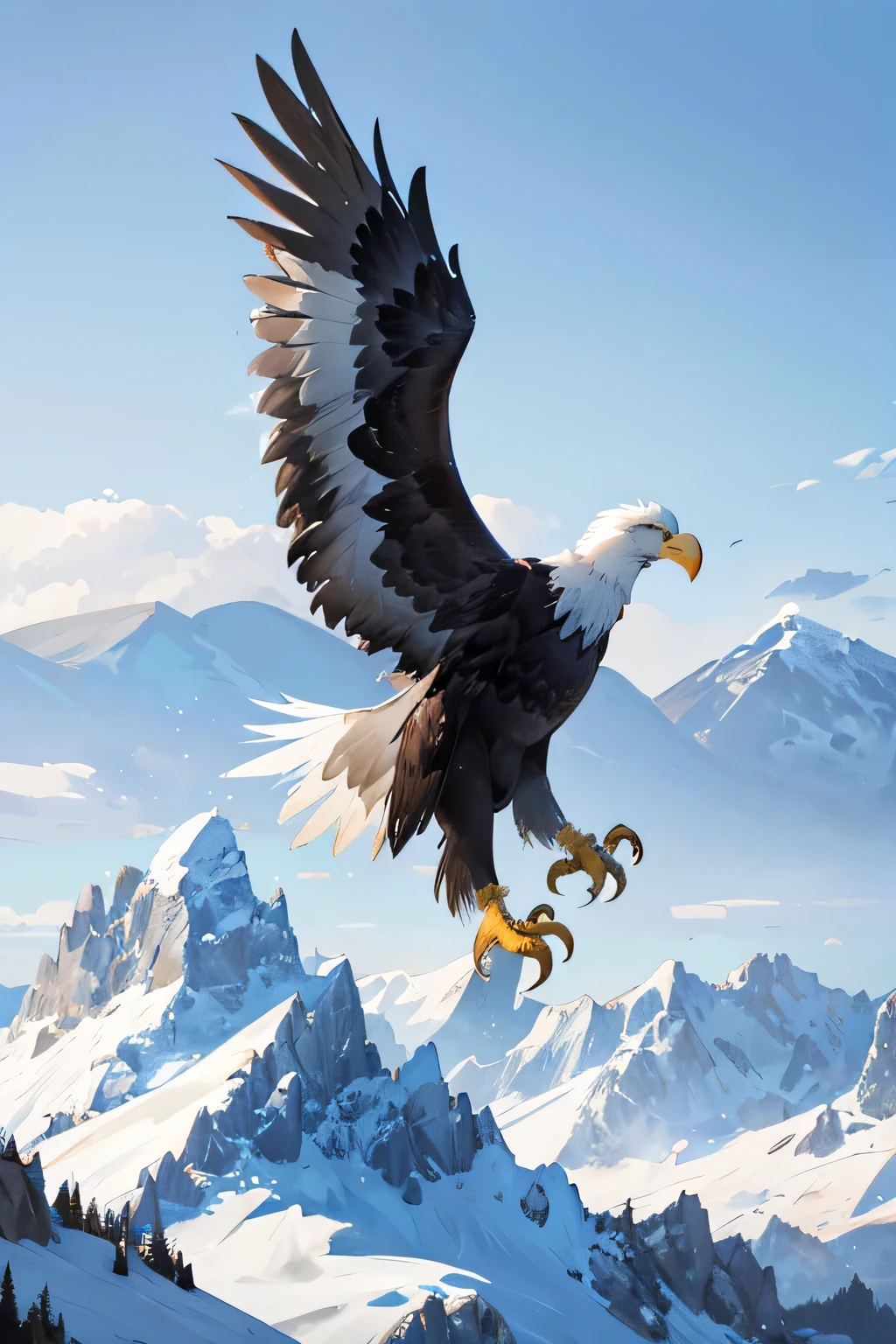 Generate a photorealistic image of a majestic bald eagle soaring through a clear blue sky, with snow-capped mountains in the distance.