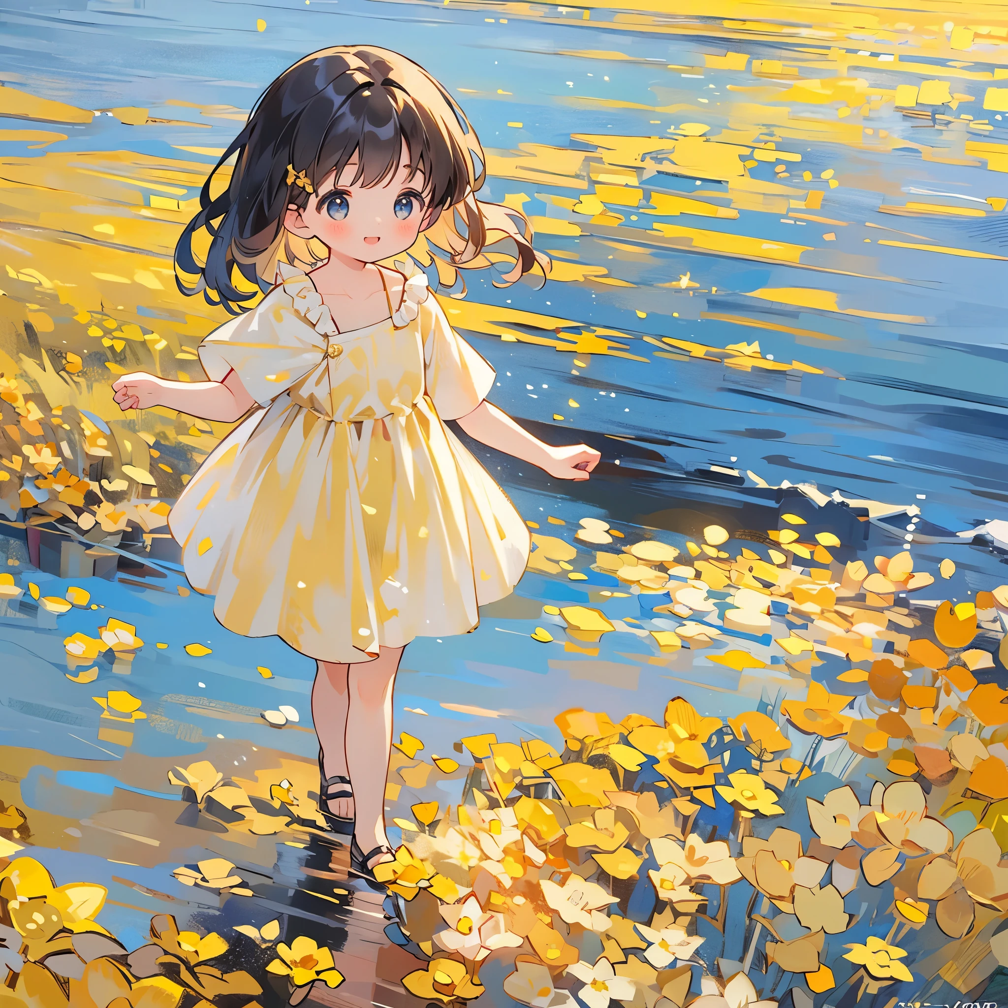 A sea of golden flowers:A charming girl in a golden dress,Walk among the golden flowers,Her smile was filled with tenderness and joy