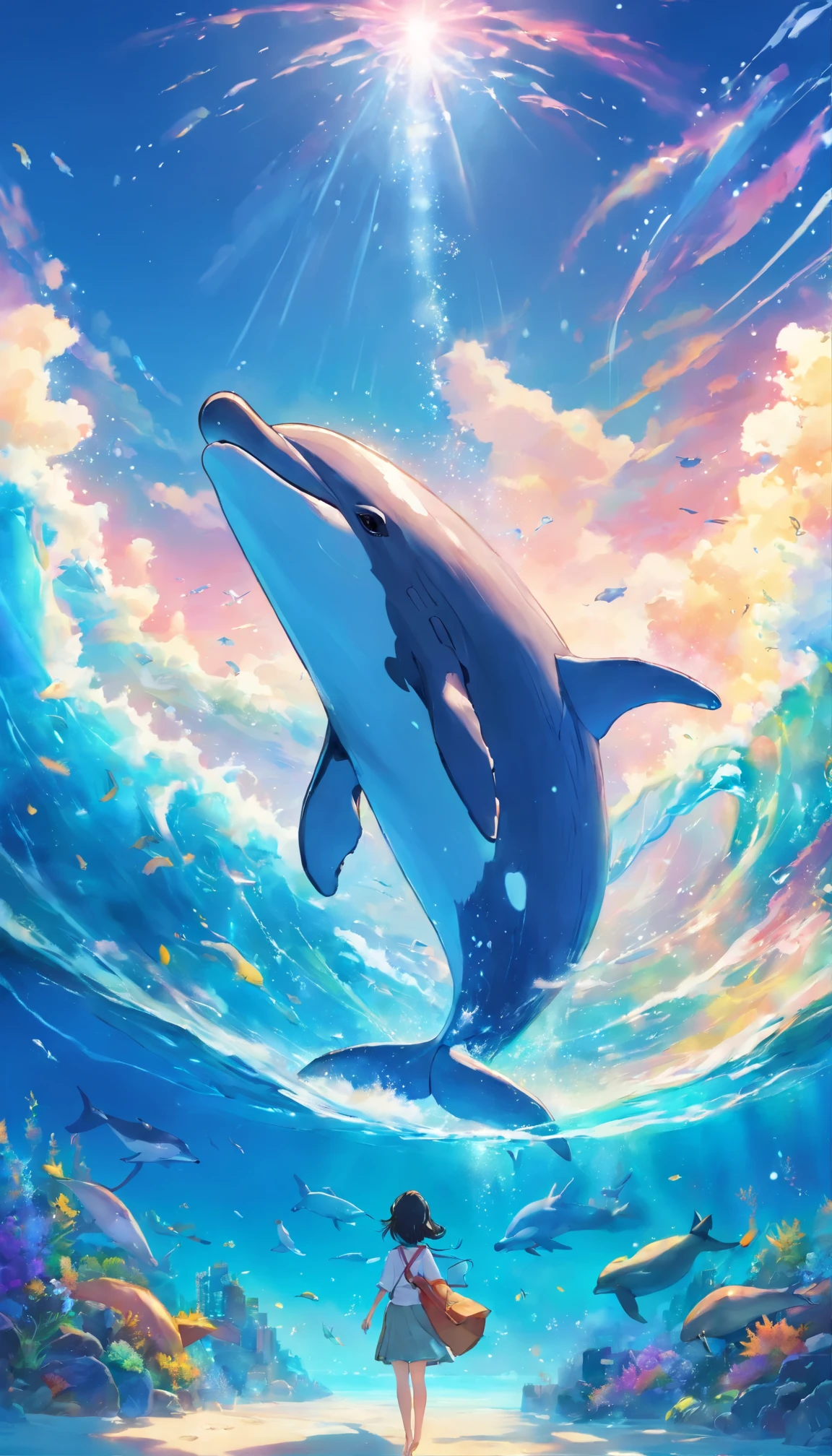 A picture of a dolphin swimming in a colorful sea, Look up at the composition, Whale receiving living water from the sky, Inspired by Cyril Rolland, dreamy psychedelic anime, colorful anime movie background, Beautiful artwork illustration, author：shitao, colorful concept art, Makoto Shinkai Siriro Roland, In the style of Cyril Rolland, flying whale, highly detailed watercolor 8k, Highly detailed watercolor 8K，octane，Till the end，realistic，8K，Shinkai Makoto style( ReaTill the endble design, clear lines, High sharpness,highest quality, very detailed, master parts, movie lighting effects, 4k )