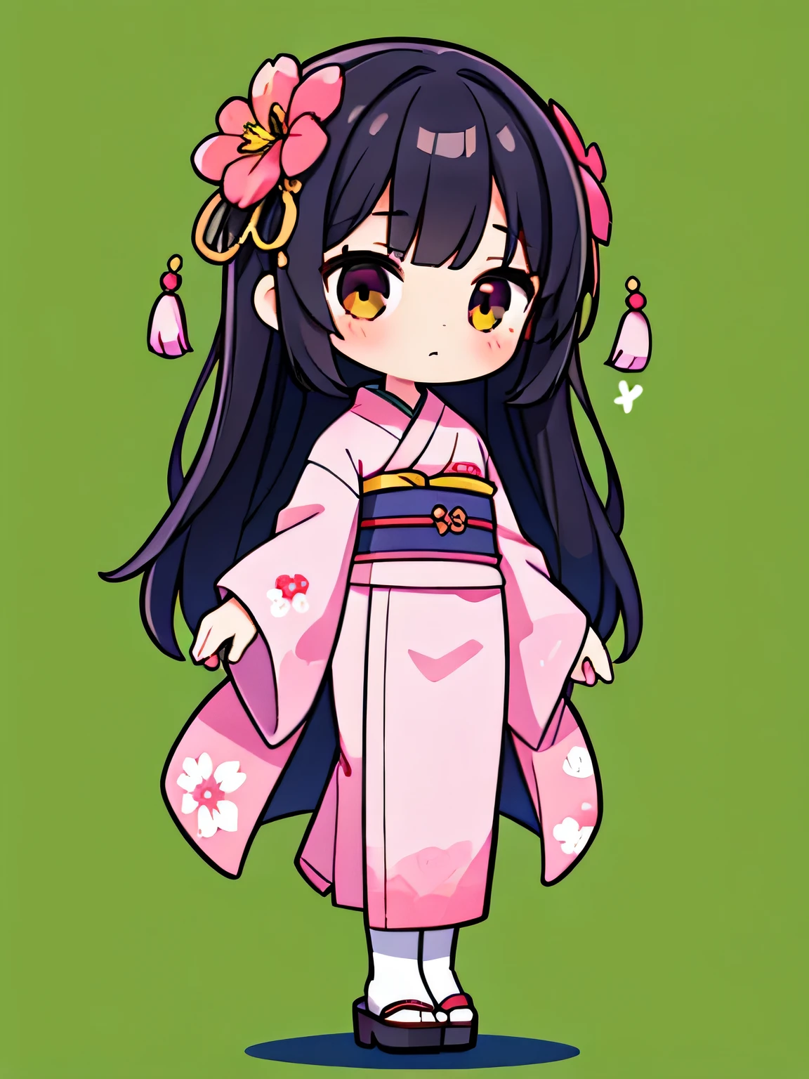 chibi,1girl,flower pattern , pink kimono,black hair,brown eye,long hair,standing, put hands on body, full body,green background