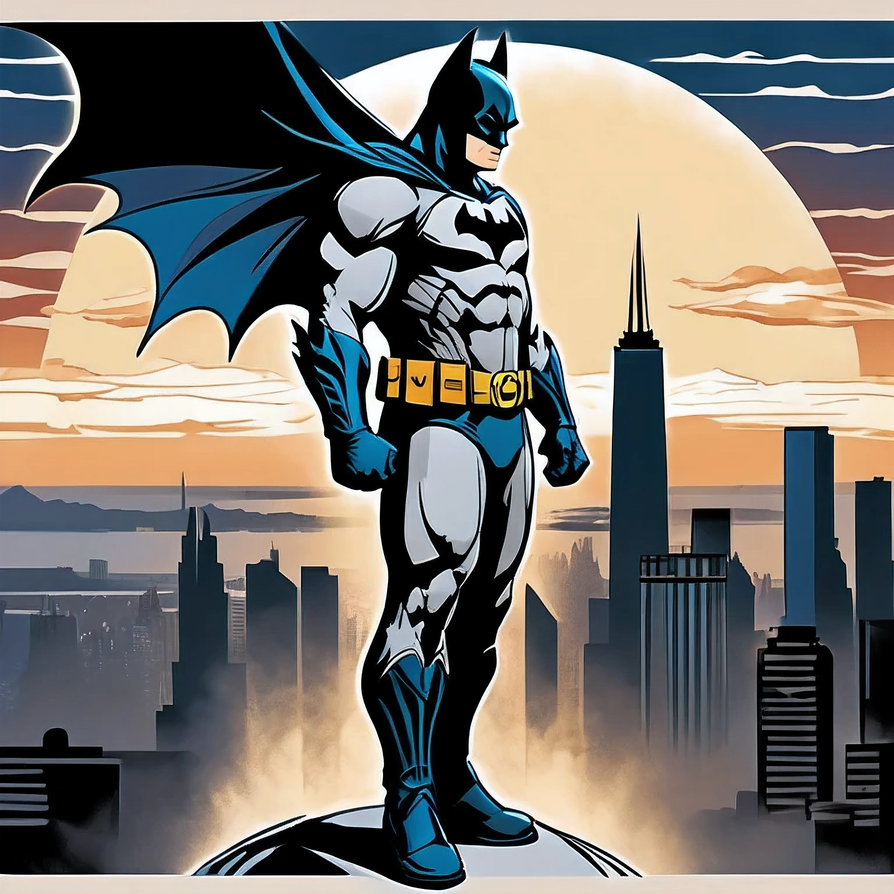 Graphic T-shirt, Iconic Superhero Character, Batman looking down over the city, City Skyline Landscape, Batman from Behind, Chicago city skyline in the background, Monochromatic Color Palette, Smooth Texture, Stencil Style, Aerial Perspective, T shirt design,TshirtDesignAF, vintage t-shirt design, in the style of hand drawing, 3D vector art, fantasy art, watercolour effect, Adobe Illustrator, hand-drawn, digital painting, low-poly, soft lighting, isometric style, retro aesthetic, focused on the character, 4K resolution,
