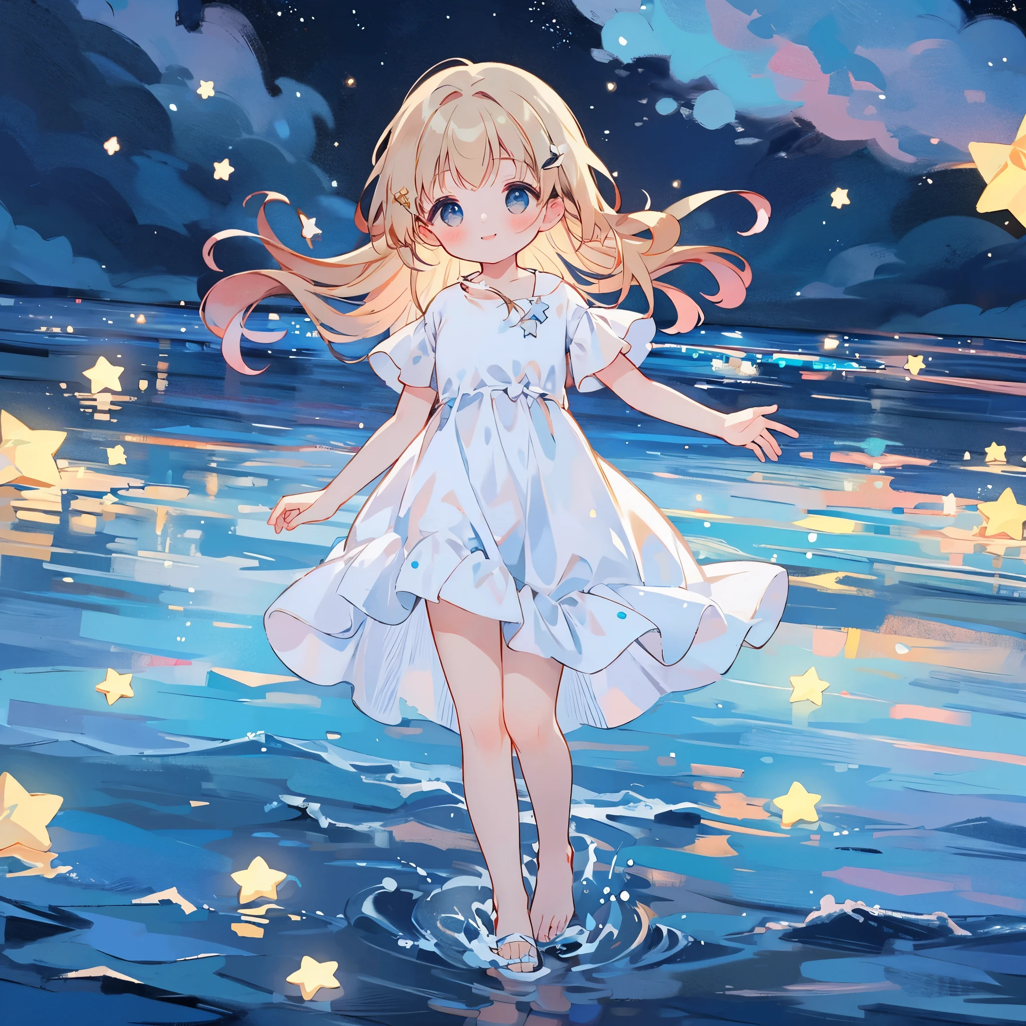 an ocean of stars, night sky, colorful, ethereal, charming girl in a white dress, walking on the water，Her smile was filled with tenderness and joy