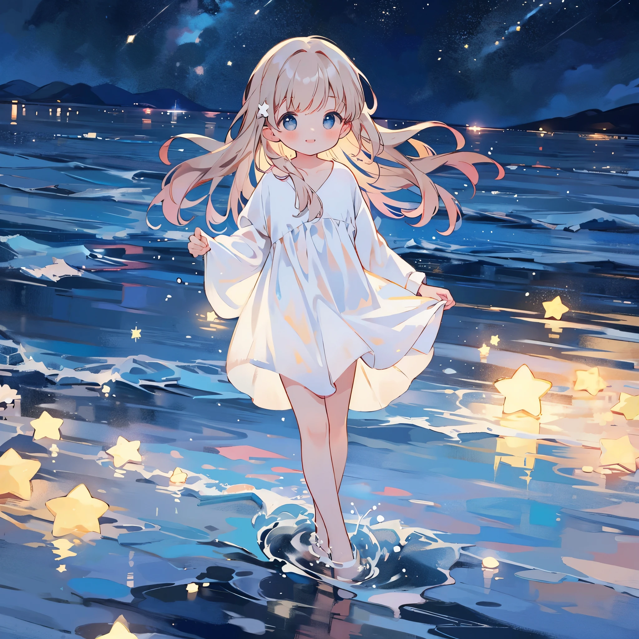 an ocean of stars, night sky, colorful, ethereal, charming girl in a white dress, walking on the water，Her smile was filled with tenderness and joy