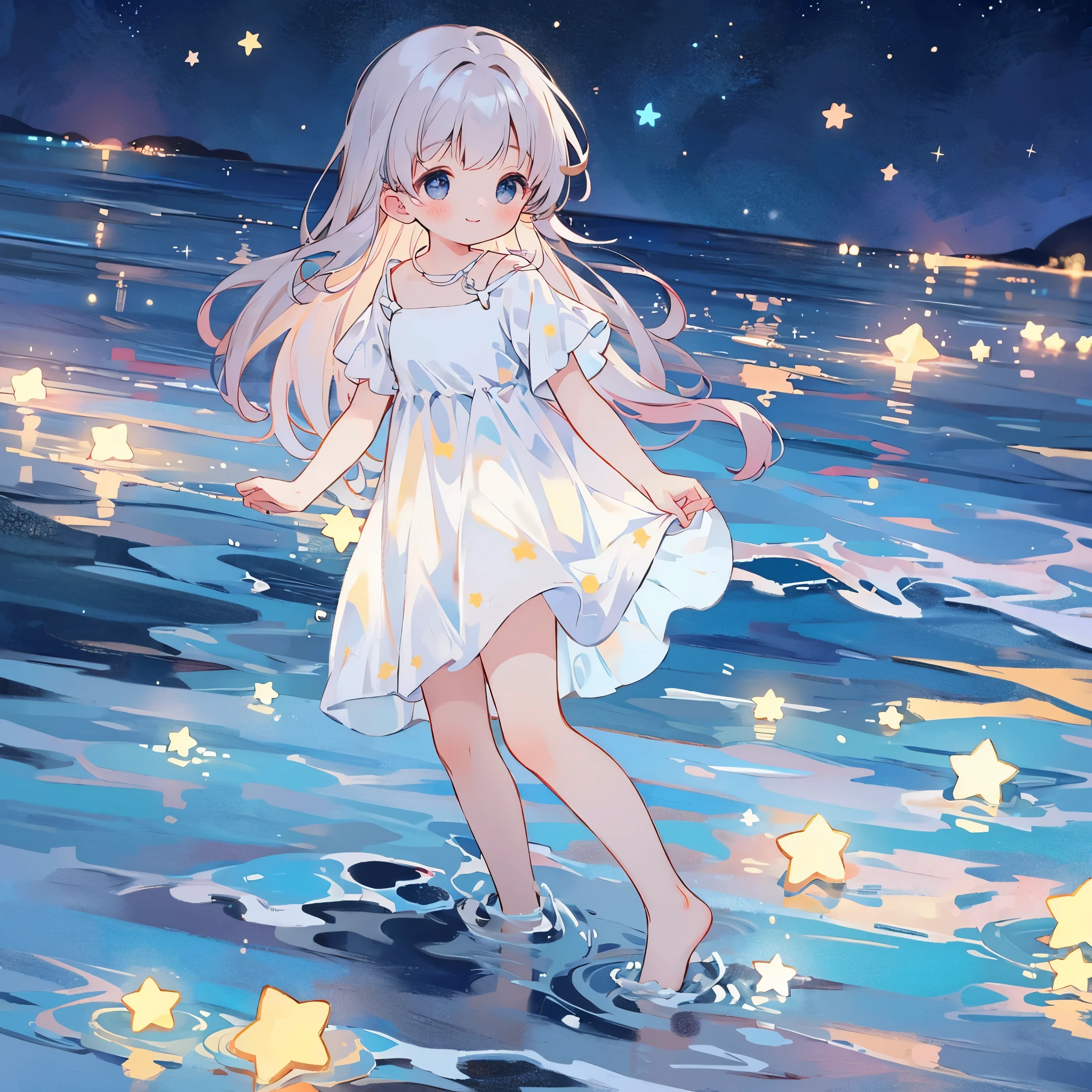 an ocean of stars, night sky, colorful, ethereal, charming girl in a white dress, walking on the water，Her smile was filled with tenderness and joy