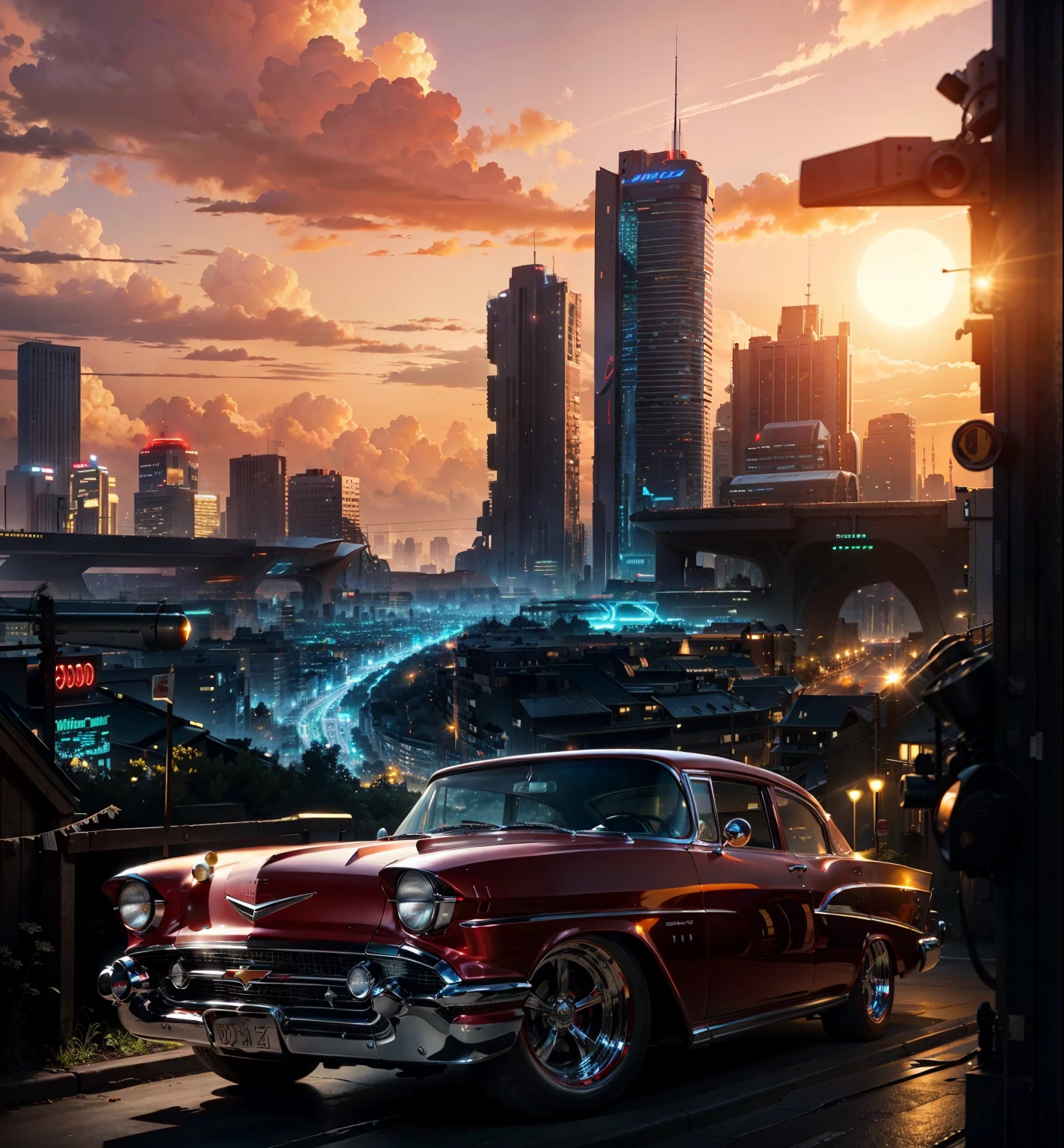 A Red brilliant Chevy 57 sport car headlights on in the foreground, in the background is a sci fi city with a lot of buildings lights on and a giant sun shining in the car's body