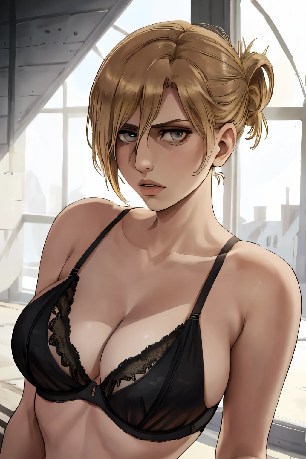 1girl, annie leonhart, (black hair:1.3), hair between eyes, short hair, sideburns, gray eyes, lips, cleavage, big breasts, solo, lips, masterpiece, best quality, blonde hair, ((wearing black bra, Big Breasts)), High Resolution, 8K, Highres 