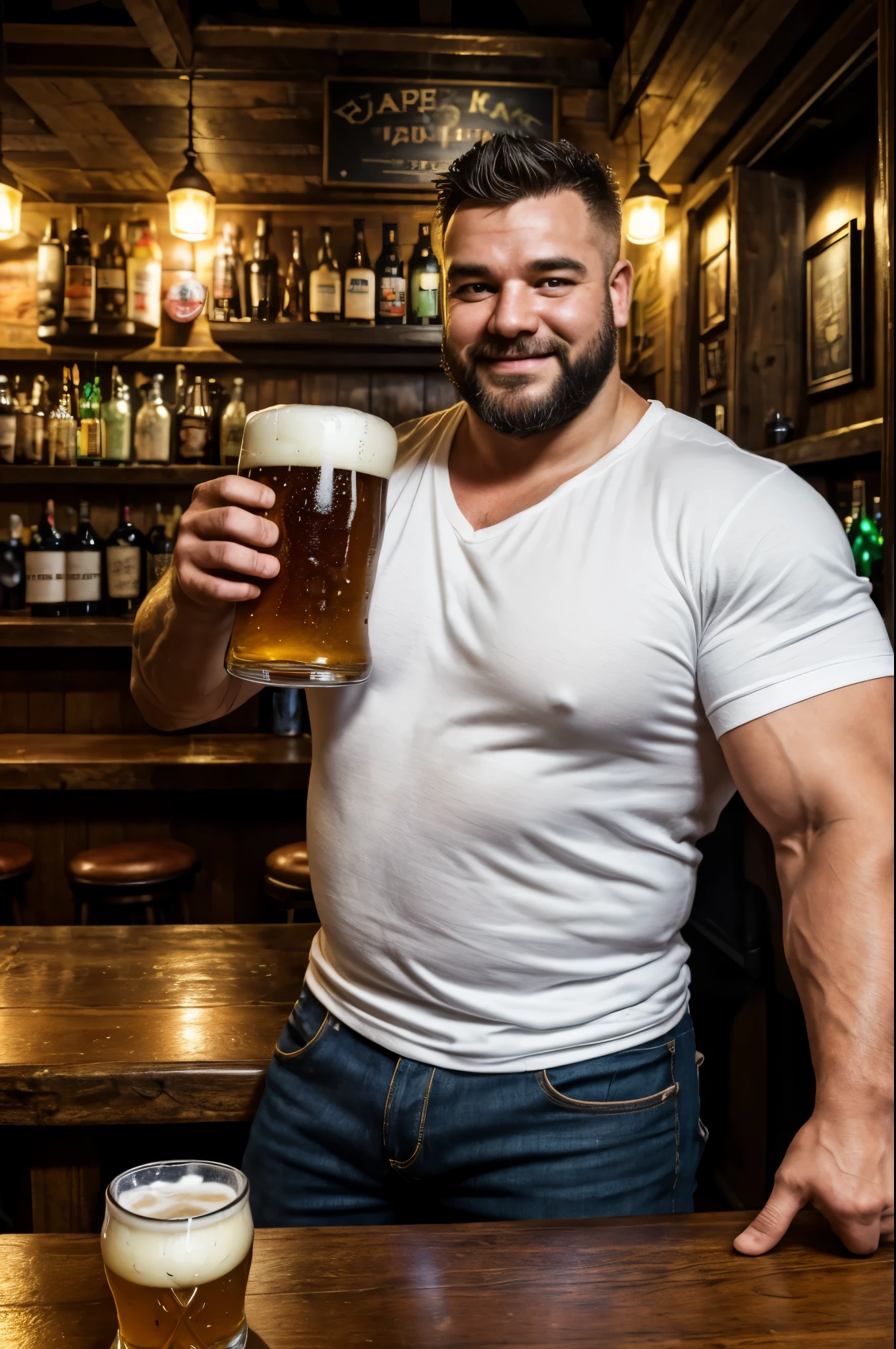 best quality,4k,8k,highres,masterpiece:1.2),ultra-detailed,realistic,physically-based rendering,professional,stunning lighting,rich colors,(heavyset man:1.1),(holding a pint of beer:1.1),(bar background:1.1),portrait,sharp focus,facial hair,warm color tones,glass of beer,wooden counter,stools,reflections,detailed textures,welcoming atmosphere,dark lighting,messy pub,happy expression,lively crowd,relaxed pose,white shirt,friendly bartender,distinctive facial features,interesting tattoos,rustic charm,cozy ambiance,cheerful mood,warm glow of lights,enticing beverages,authentic local pub feeling,mellow evening,vibrant nightlife,classic charm of a neighborhood bar