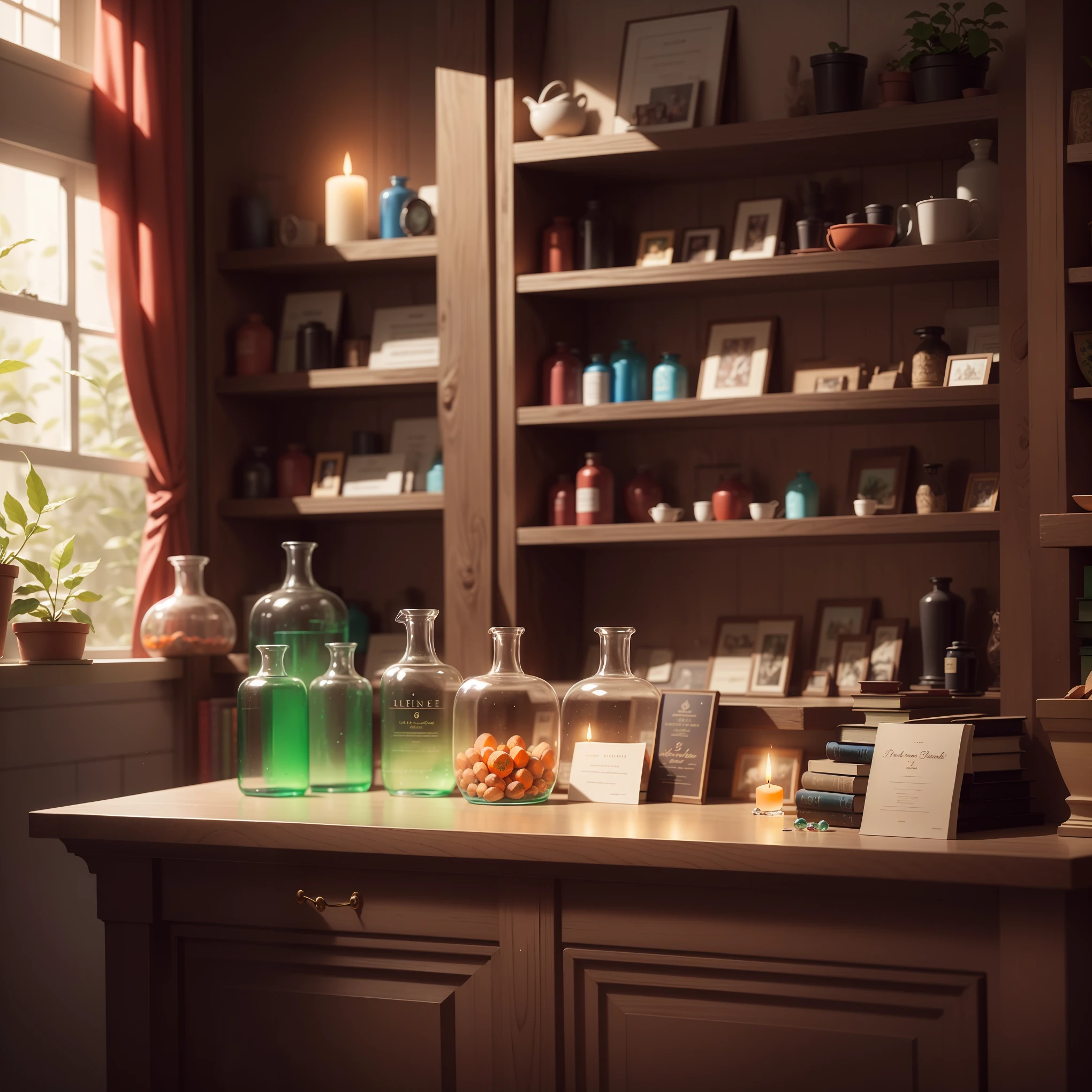 window with green curtains, plant in the pot, shelves with glass bottles of medicines (((colorful liquid blue, red orange, Green))), multi-colored glass crystals (Gems), books, Lit candles,