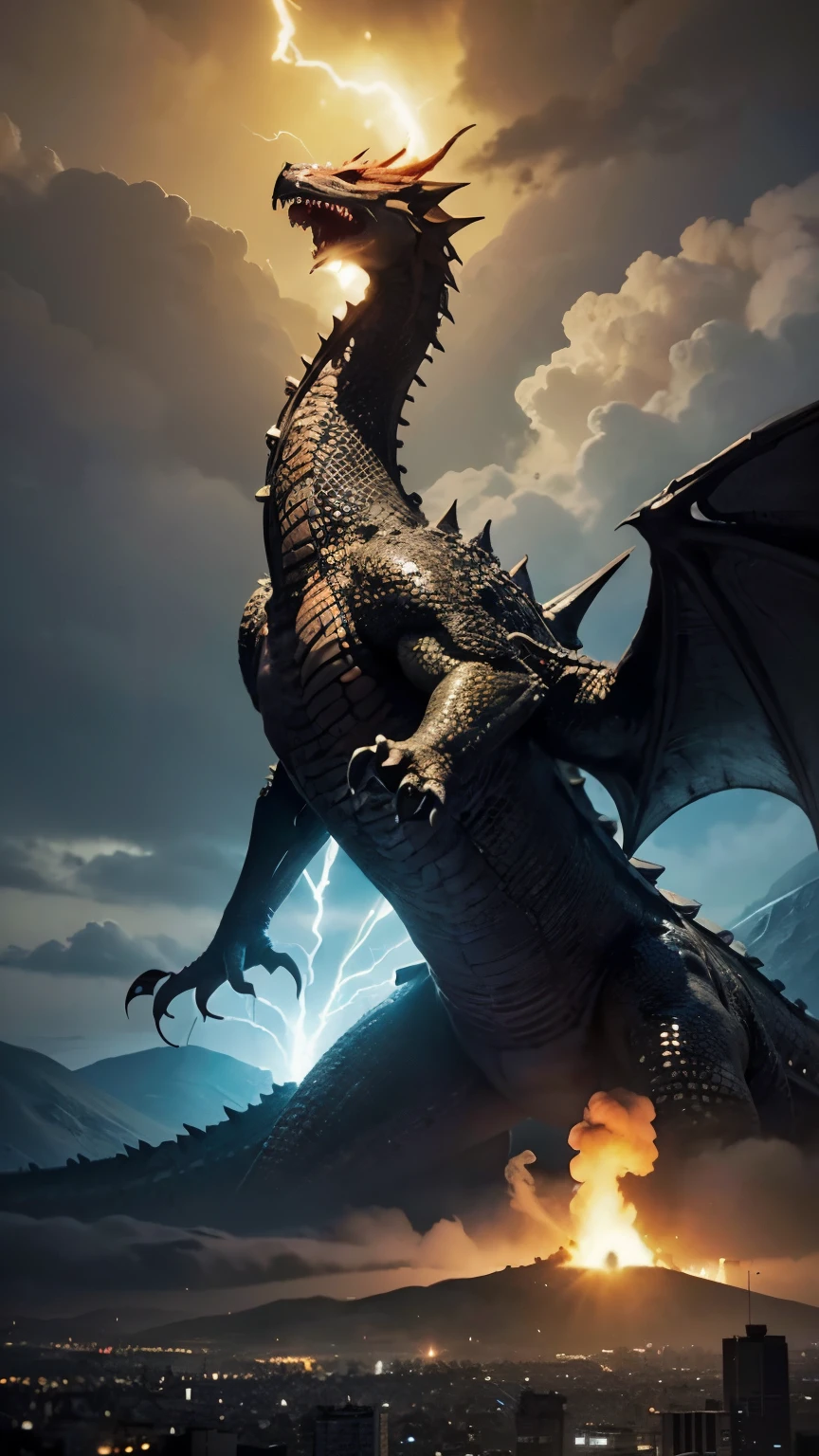 (エンシェントdragon)、waving mane、concept art、dark clouds、lightning、(evil dragon)、dark dragon、西神龙、Huge dragon flying in the air、Has demonic Huge winganya、dystopia、breathe、Burn down the city、realistic、real picture、aerial perspective、(Composition looking up from the ground at a dragon flying in the sky)、Huge、Burn everything on earth、end、red glowing eyes、humankind annihilation、the city was engulfed in Burns、crocodile-like face、(western dragon)、(グレーターdragonhead is a little small)、flames like a nuclear explosion、Remains、pile of rubble、1dragon、conceptual art, shortening, wide angle, nffsw, pieces fly, rough skin, Super detailed, advanced details, High resolution、Composition of a dragon seen from below、dust flies、(apocalyptic world)、scale、Burn、Fine scale、((A brave girl who stands up against a dragon with a glowing blue sword.))、((A hero who raises a shining blue sword clad in lightning to the sky))、fantasy art、concept art、dark clouds、lightning、(evil dragon)、dark dragon、Shenrun、Huge dragon flying in the air、Has demonic Huge winganya、dystopia、breathe、Burn down the city、realistic、real image、aerial perspective、(Composition looking up from the ground at Shenrun flying overhead)、Huge、Burn everything on earth、end、red glowing eyes、humankind annihilation、the city was engulfed in Burns、crocodile-like face、(western dragon)、(dragon'head is a little small)、Red and black Shenrun、flames like a nuclear explosion、Remains、pile of rubble、1dragon、conceptual art, shortening, wide angleの, nffsw, debris flies, rough skin, Super detailed, advanced details, High resolution、Composition of a dragon seen from below、dust flies、(apocalyptic world)、scale、Burn、Fine scale、(((A brave heroine who fights with a blue glowing sword)))、