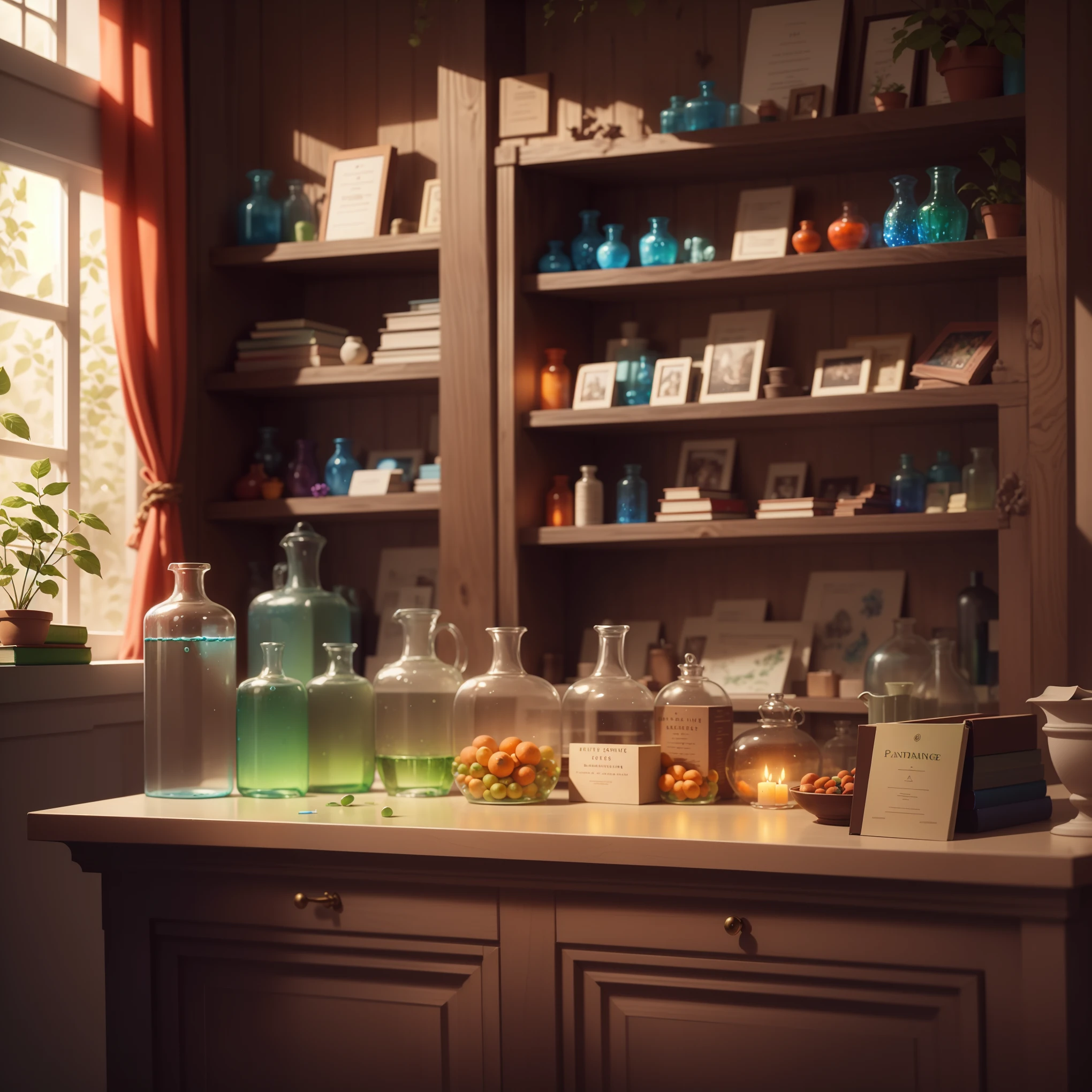 window with green curtains, plant in the pot, shelves with glass bottles of medicines (((colorful liquid blue, red orange, Green))), multi-colored glass crystals (Gems), books, Lit candles,

