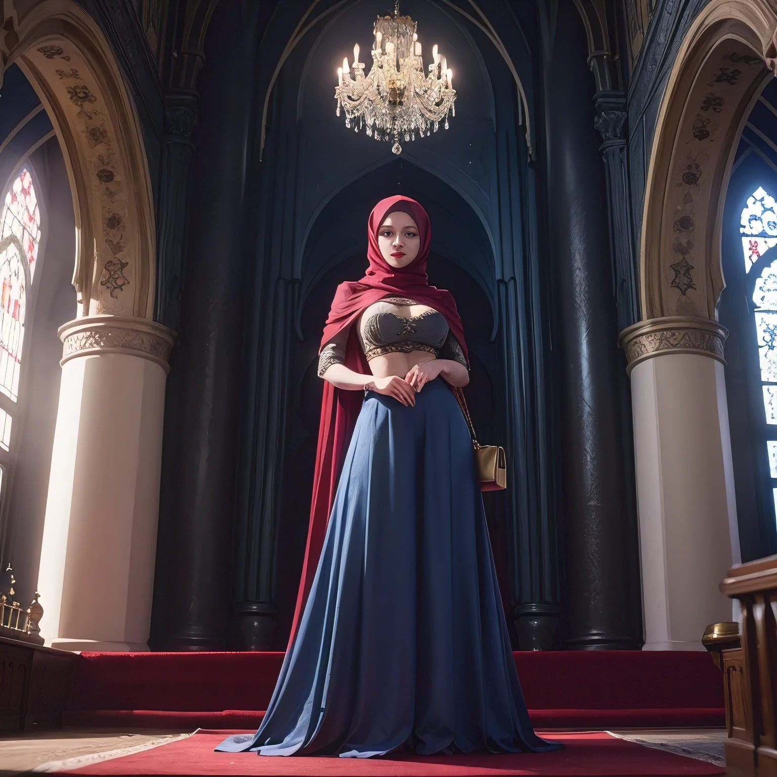 long maroon hijab, inside mosque, big breasts, red lips, blue eyes, long skirt, perfect face